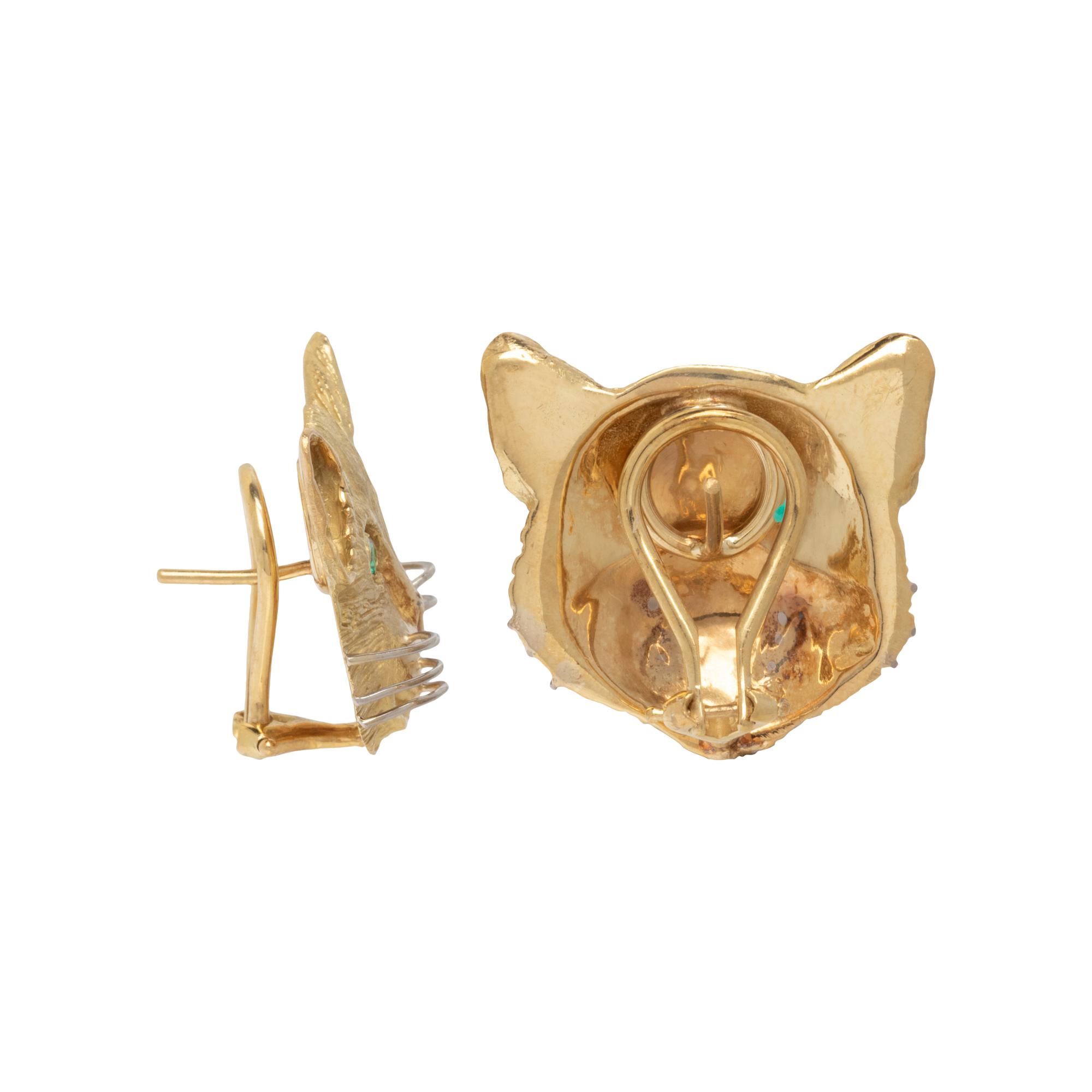 BICOLOR GOLD AND EMERALD CAT EARRINGS