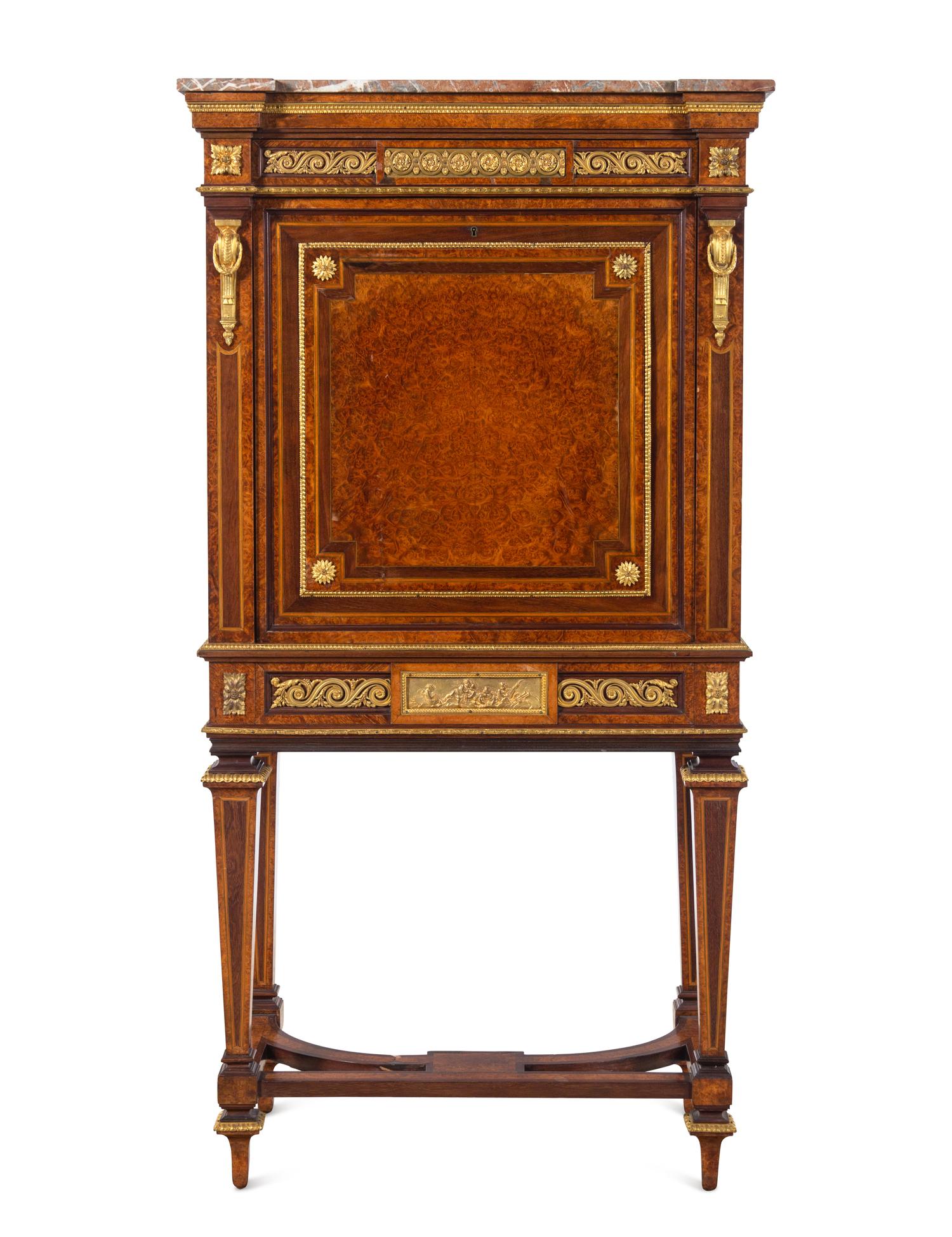A Louis XVI Style Gilt Bronze Mounted Amboyna Marble-Top Secrétaire à Abattant