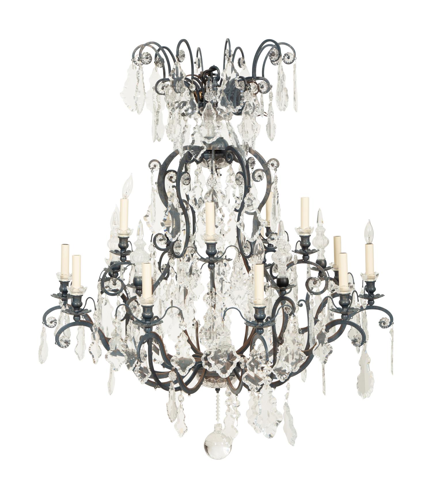 A Continental Iron, Tole and Cut Glass Fifteen-Light Chandelier