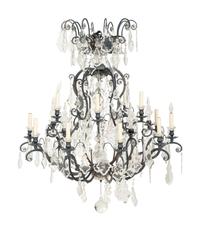 A Continental Iron, Tole and Cut Glass Fifteen-Light Chandelier