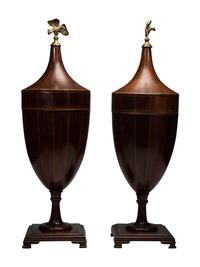 A Pair of George III-Style Satinwood-Inlaid Mahogany Cutlery Urns