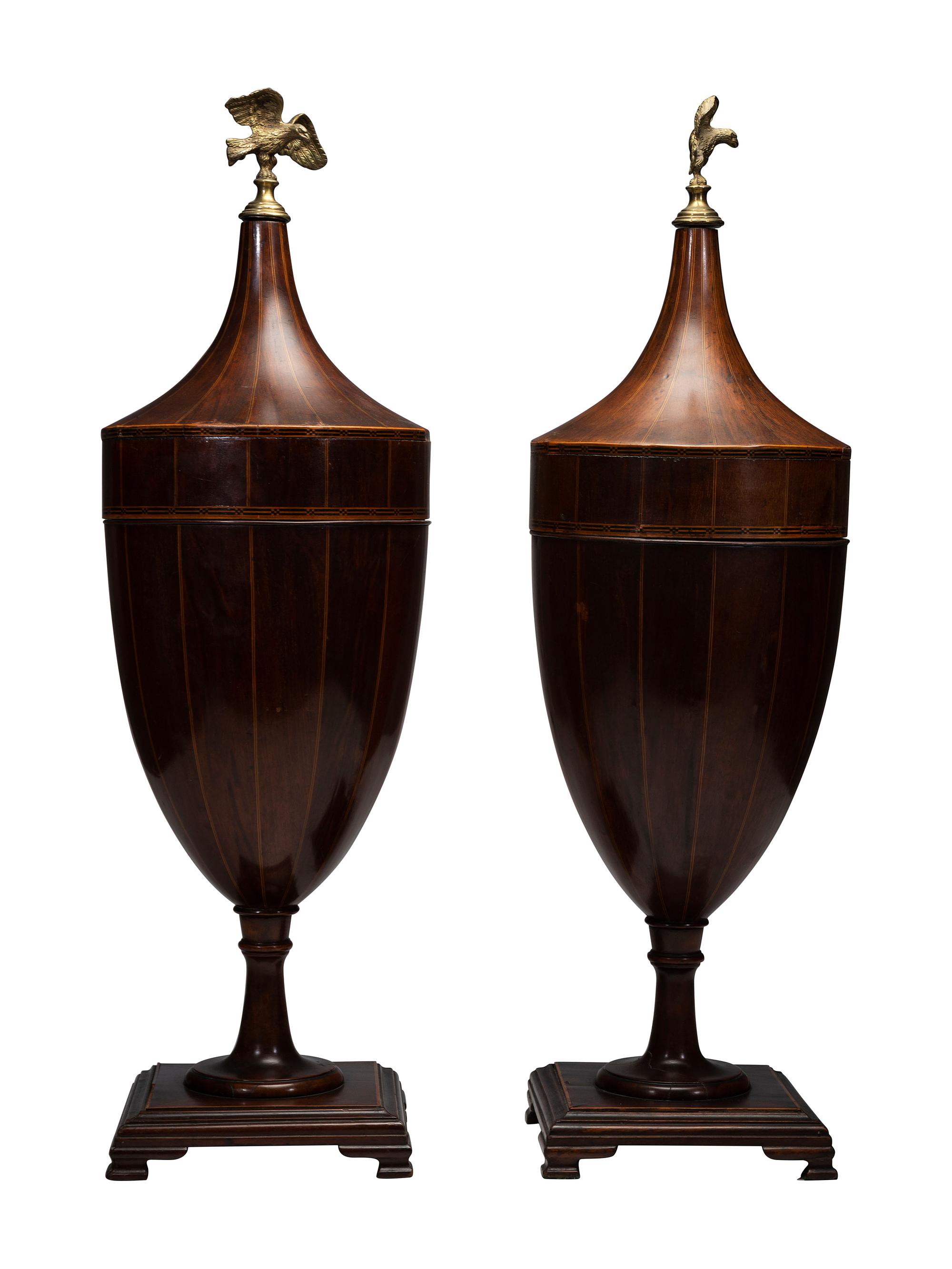 A Pair of George III-Style Satinwood-Inlaid Mahogany Cutlery Urns