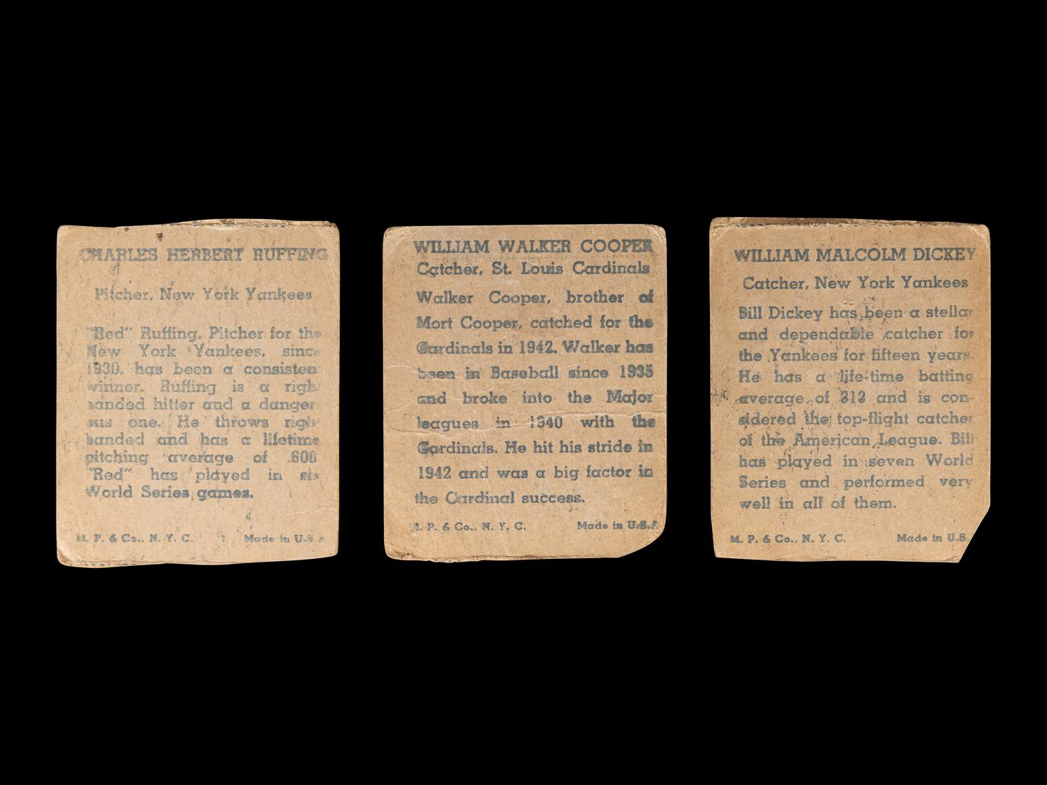 A Group of Three A 1943 M.P. & Co. R302-1 Baseball Cards,