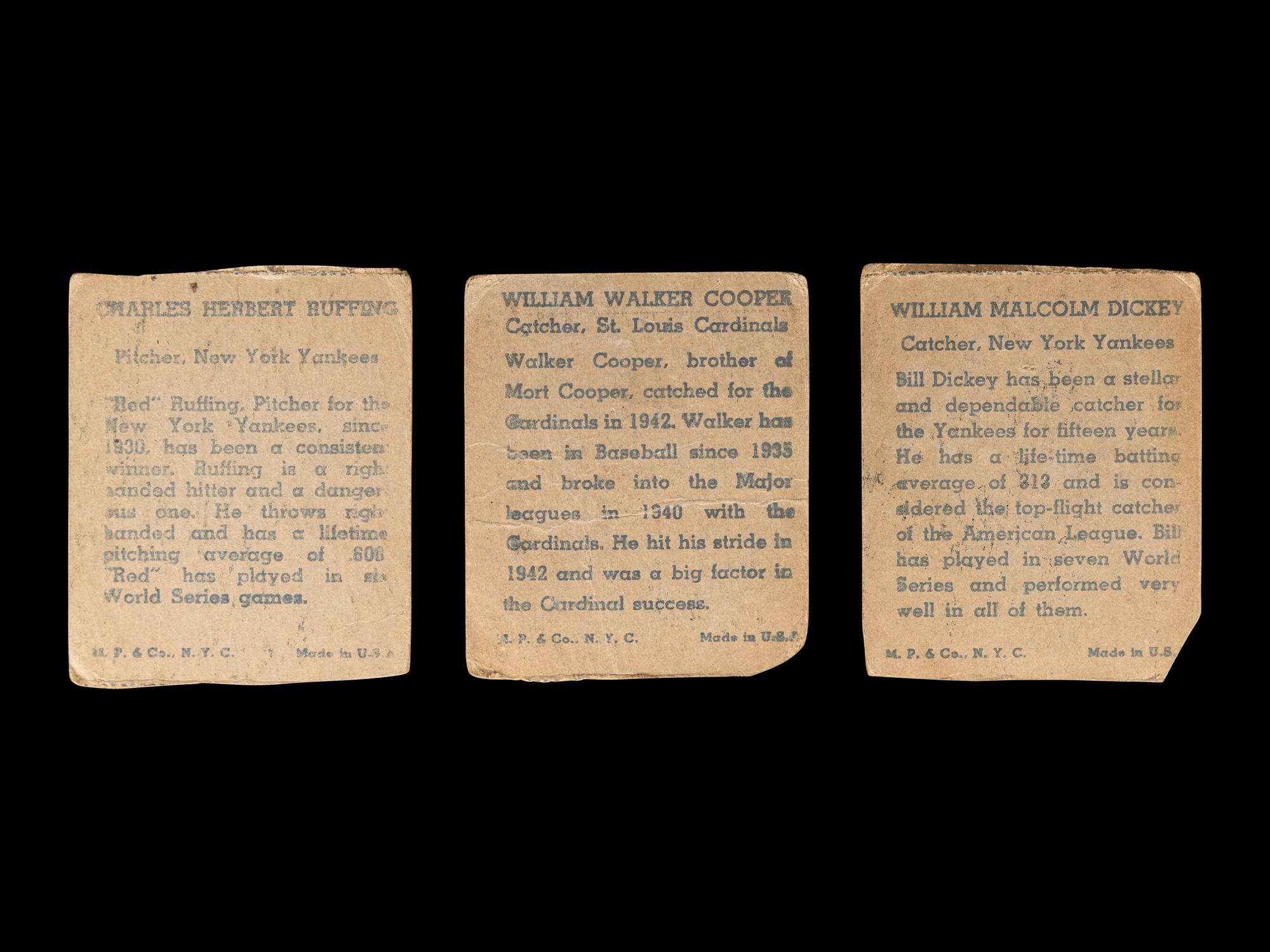 A Group of Three A 1943 M.P. & Co. R302-1 Baseball Cards,