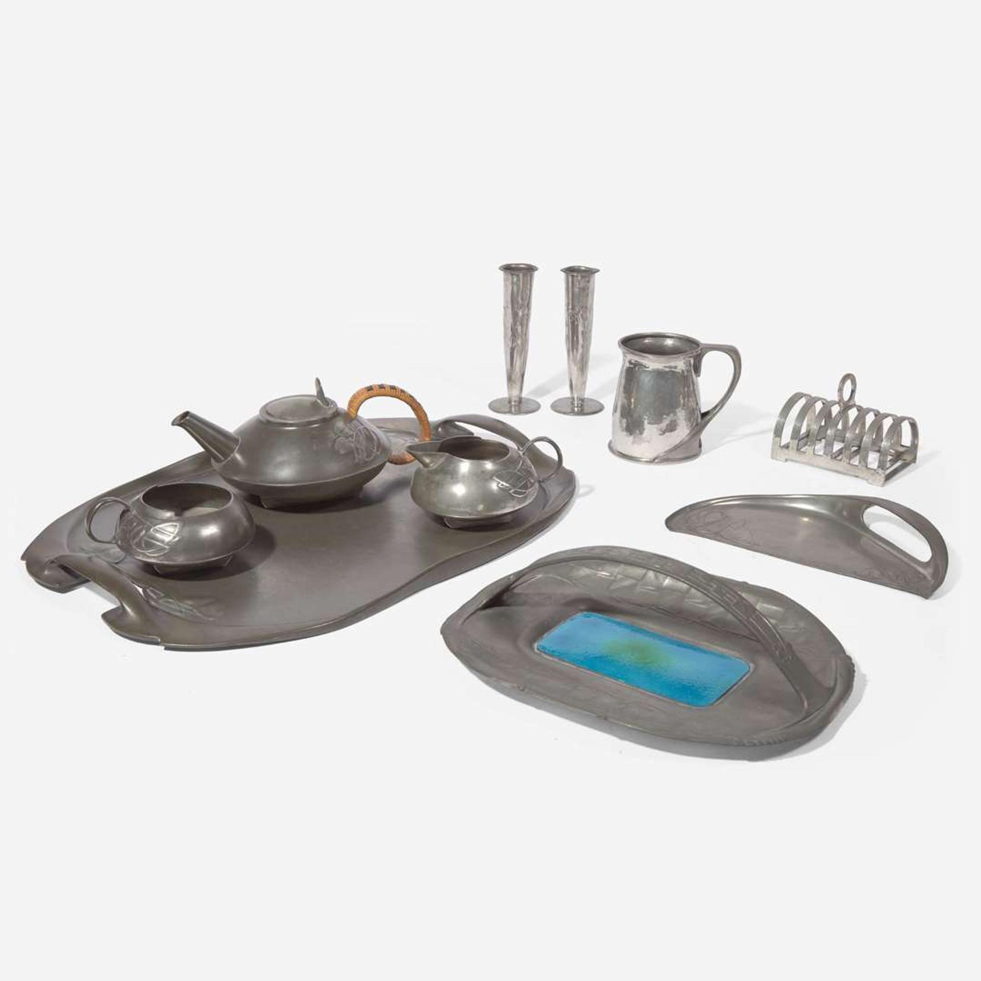 Archibald Knox for Liberty & Co., London Group of "Tudric" Pewter Metalware, England, circa 1900-1905
