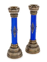A Pair of Silver and Guilloché Enamel Candlesticks in a Fitted Case