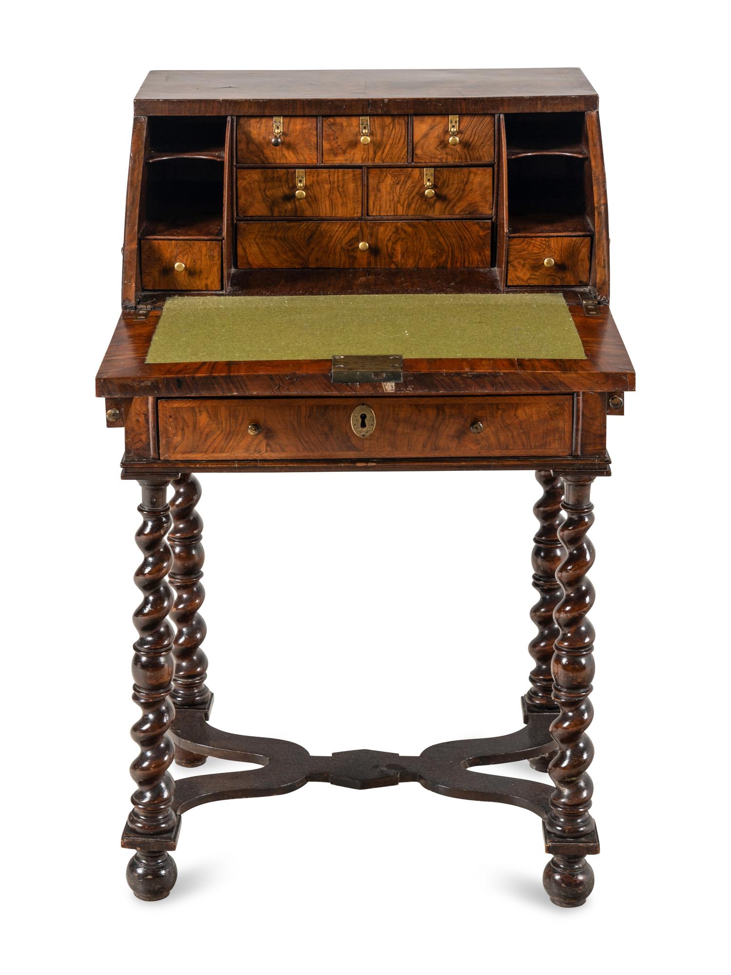 A William and Mary Walnut Slant-Front Bureau on Later Stand