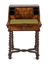 A William and Mary Walnut Slant-Front Bureau on Later Stand