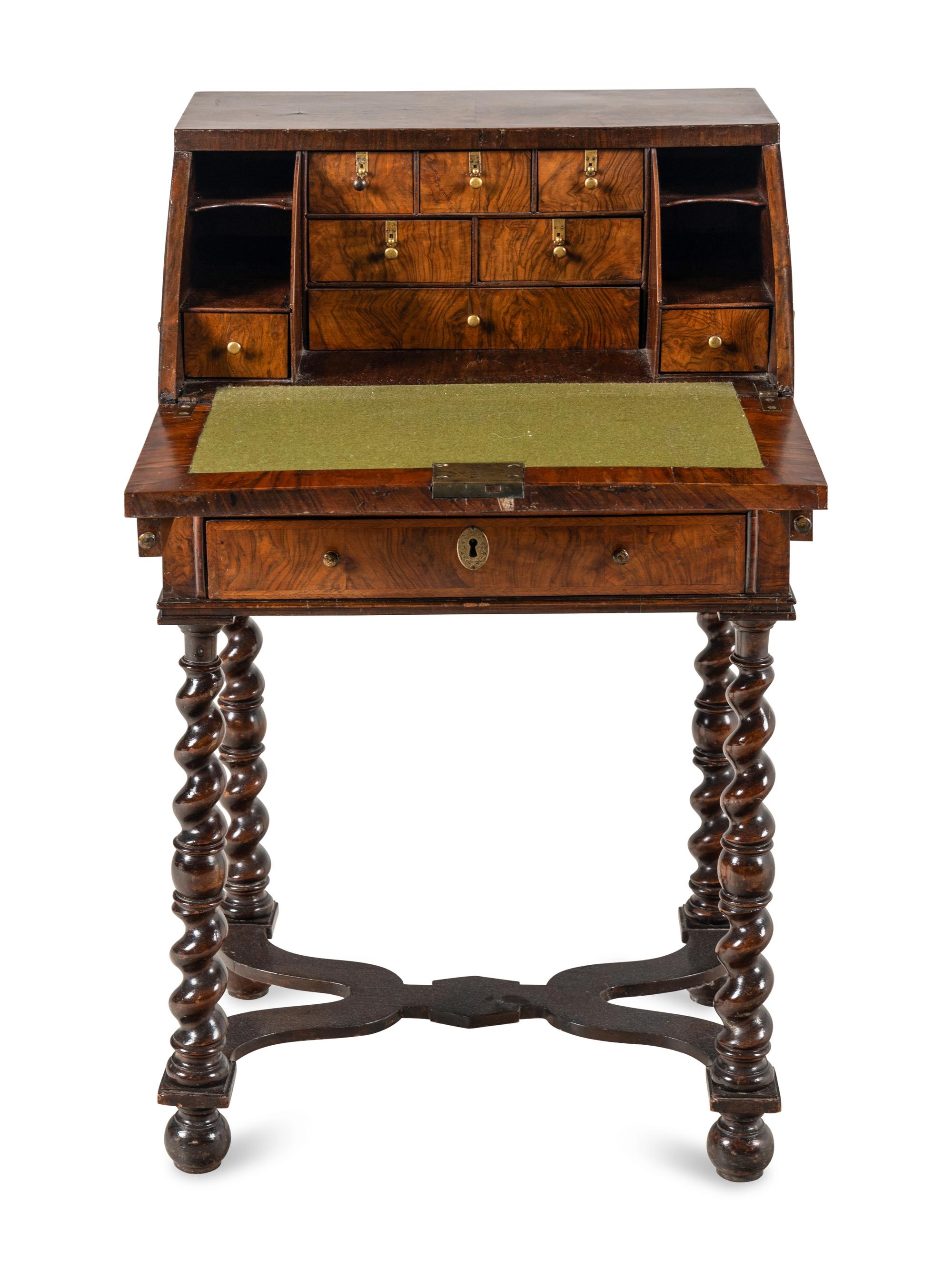 A William and Mary Walnut Slant-Front Bureau on Later Stand