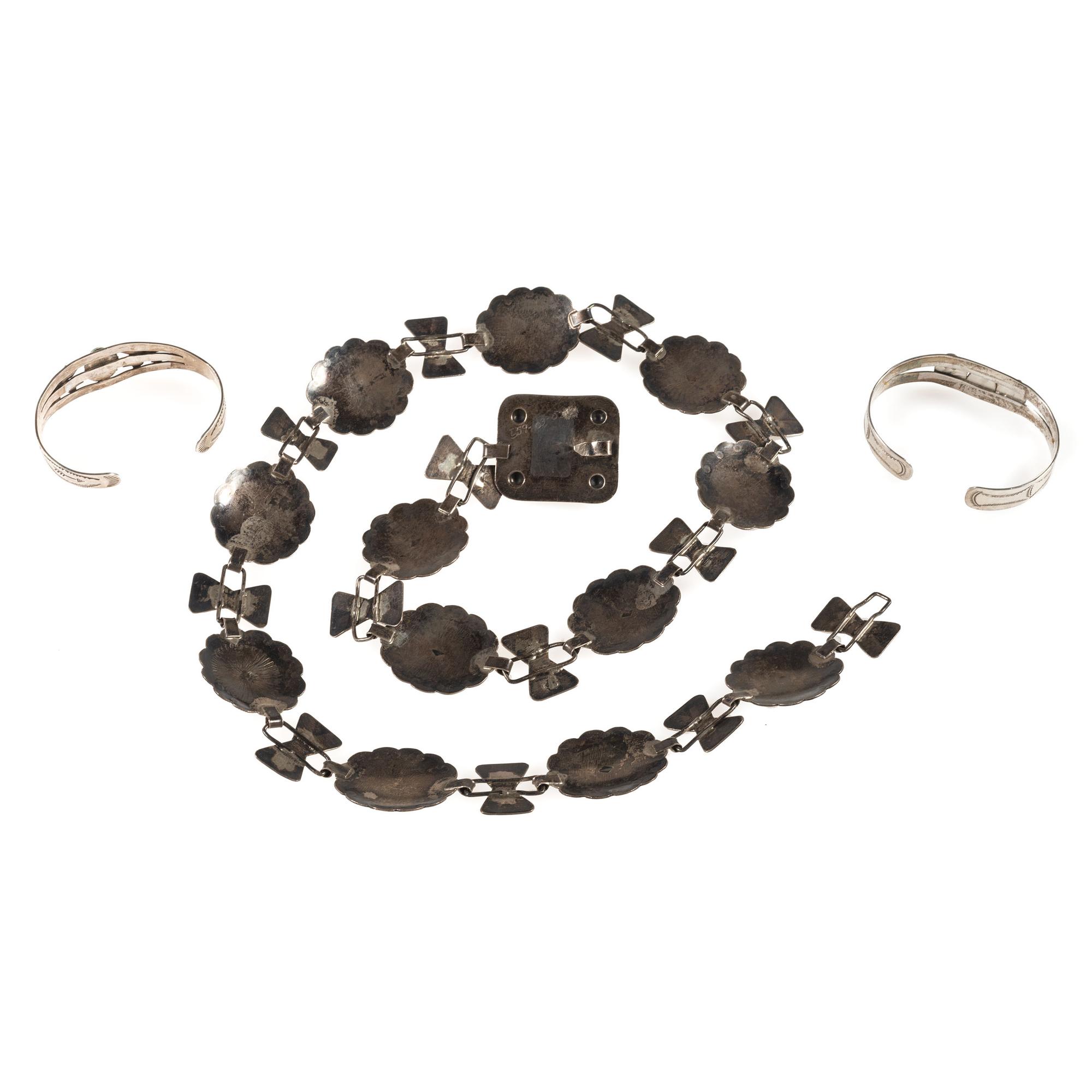 Navajo Fred Harvey Era Silver and Turquoise Cuff Bracelets and Link Concha Belt