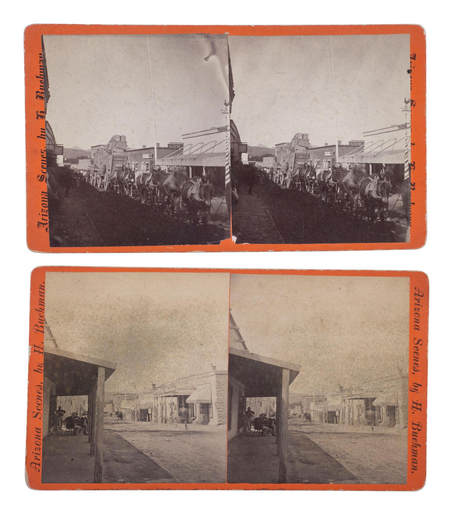 [WESTERN AMERICANA - ARIZONA]. BUEHMAN, Henry (1851-1912), photographer. A group of 2 stereoviews of Tucson, incl. view of Congress Street and horse-drawn ore cart passing through town. Tucson, Arizona Territory, ca 1870s.