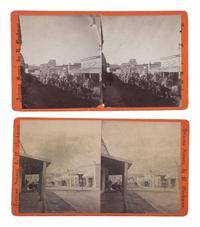 [WESTERN AMERICANA - ARIZONA]. BUEHMAN, Henry (1851-1912), photographer. A group of 2 stereoviews of Tucson, incl. view of Congress Street and horse-drawn ore cart passing through town. Tucson, Arizona Territory, ca 1870s.