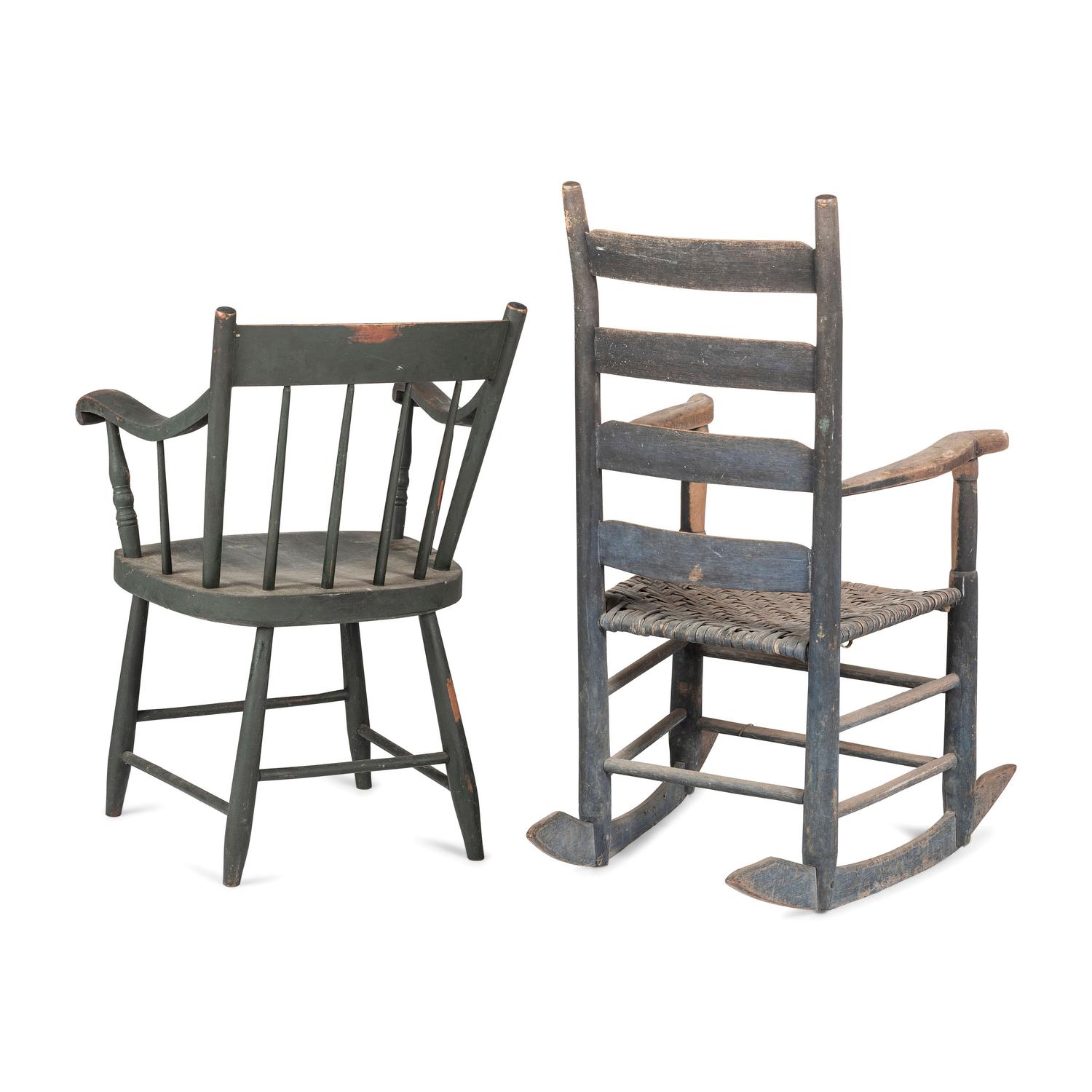 A Ladderback Rocking Chair in Old Paint and a Green-Painted Armchair
