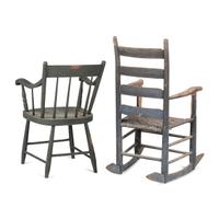 A Ladderback Rocking Chair in Old Paint and a Green-Painted Armchair