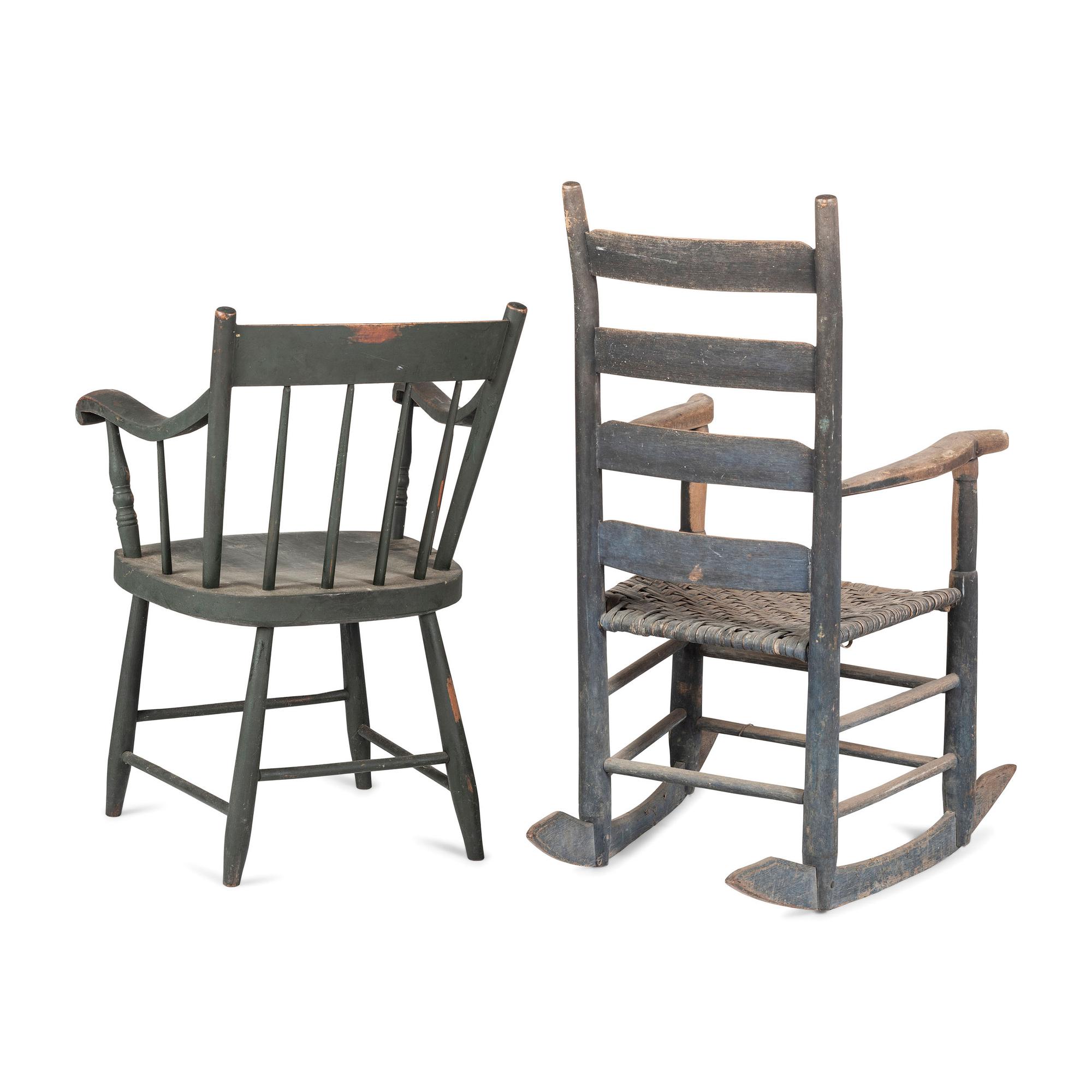 A Ladderback Rocking Chair in Old Paint and a Green-Painted Armchair