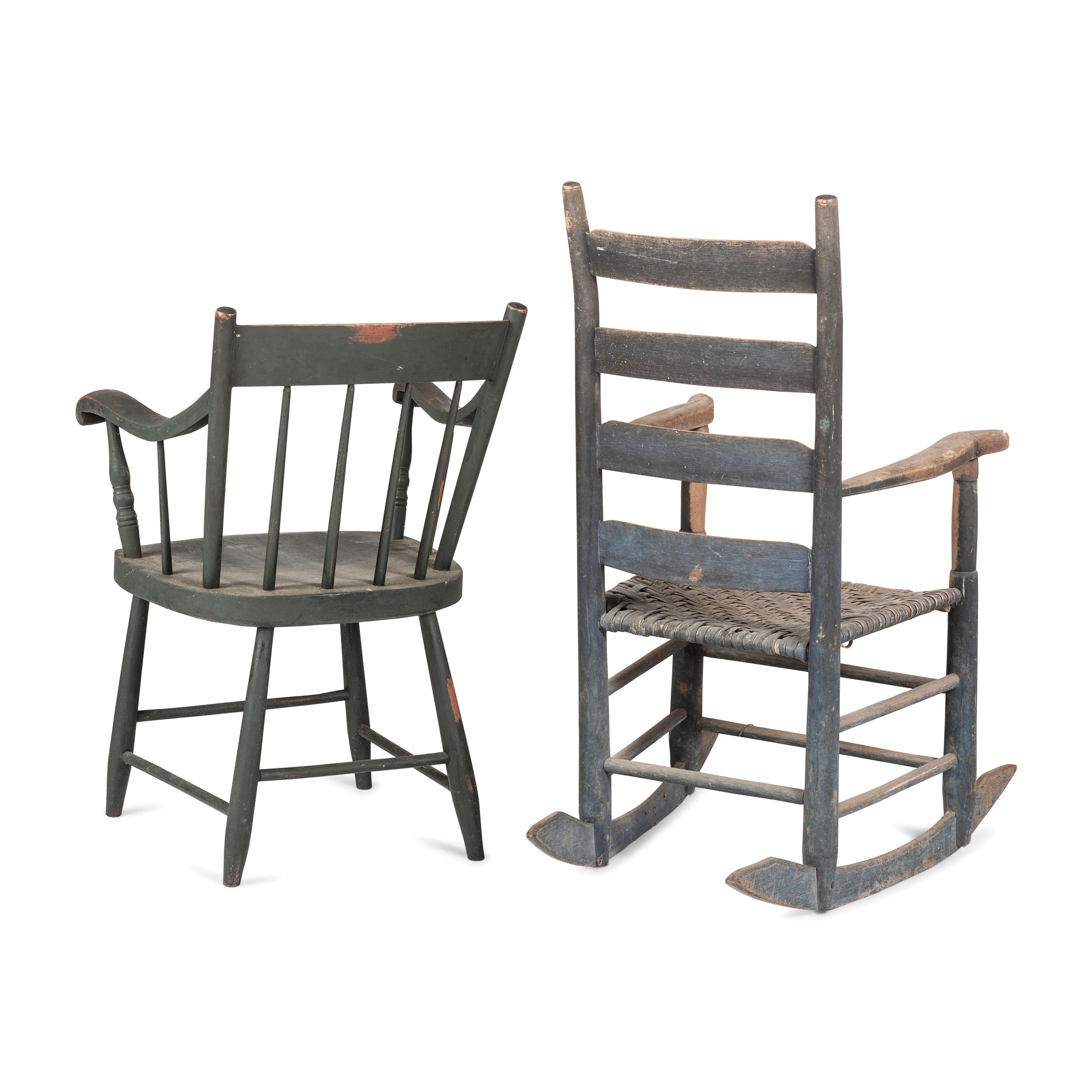 A Ladderback Rocking Chair in Old Paint and a Green-Painted Armchair