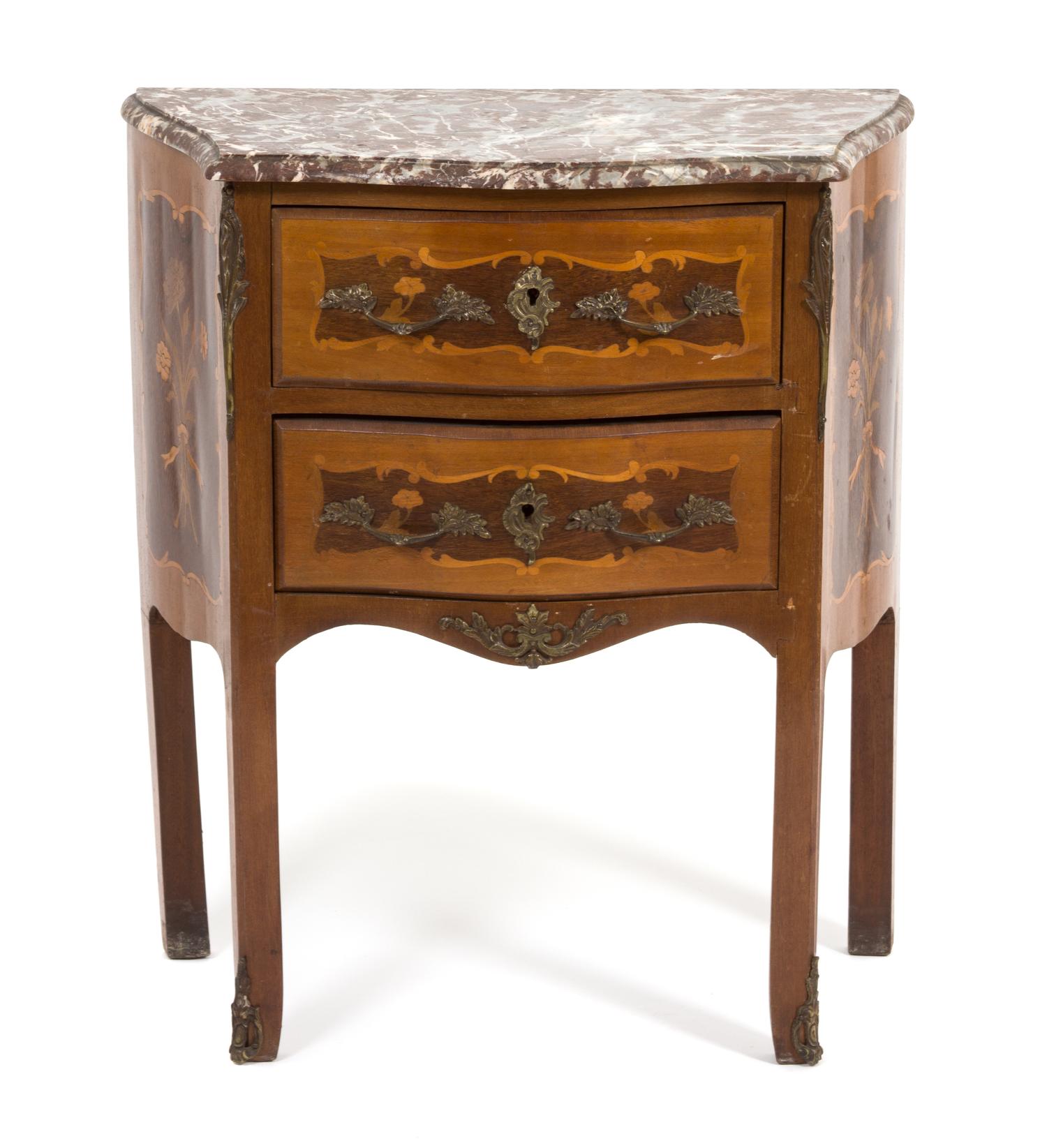 A Louis XV Style Marquetry Inlaid Marble Top Side Cabinet Height 28 1/2 x width 25 x depth 13 1/4 inches. — 19TH CENTURY