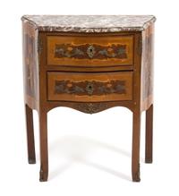 A Louis XV Style Marquetry Inlaid Marble Top Side Cabinet Height 28 1/2 x width 25 x depth 13 1/4 inches. — 19TH CENTURY