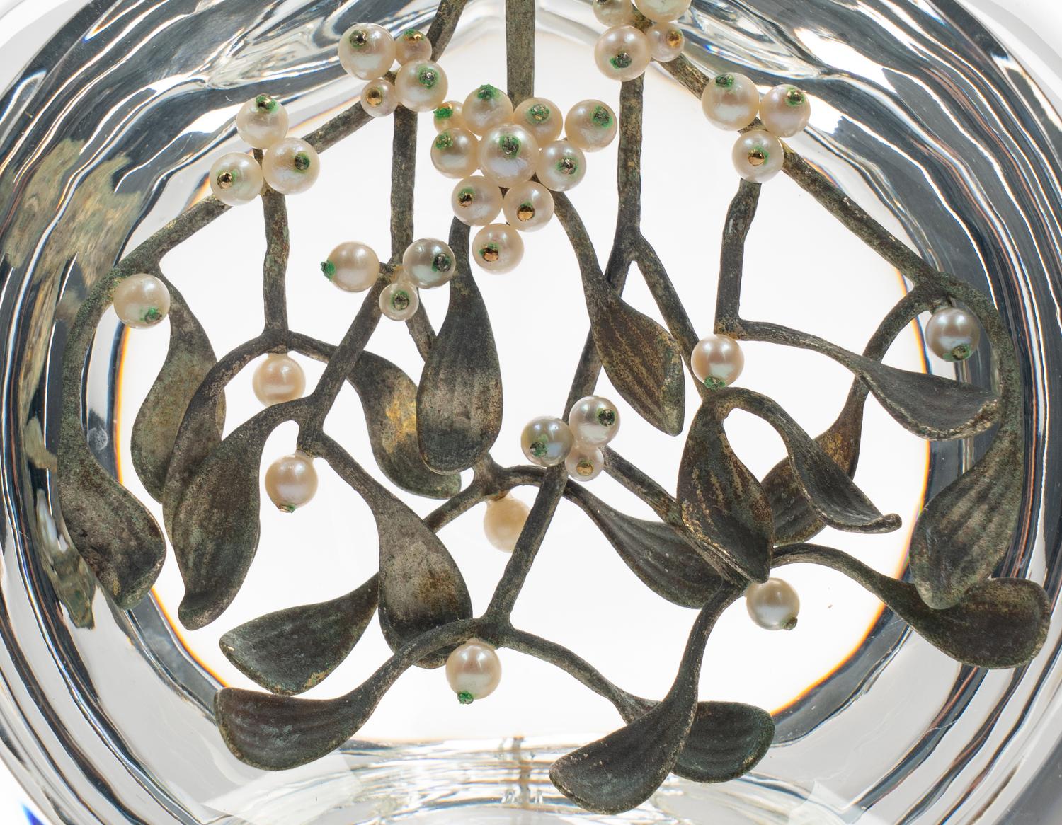 A Steuben Glass, Gilt-Metal and Pearl Mistletoe Sculpture
