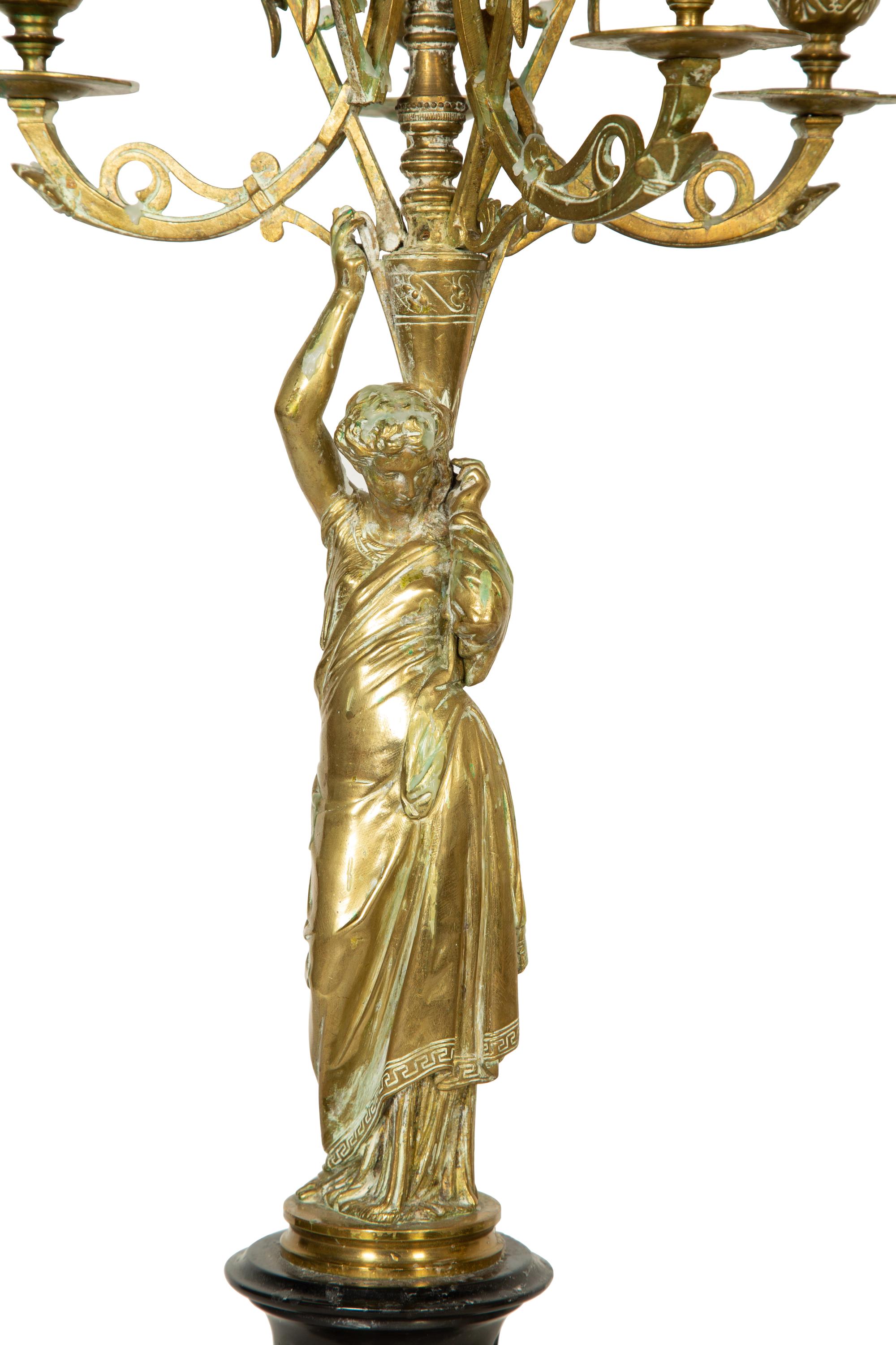 A Pair of French Gilt Bronze and Marble Six-Light Candelabra