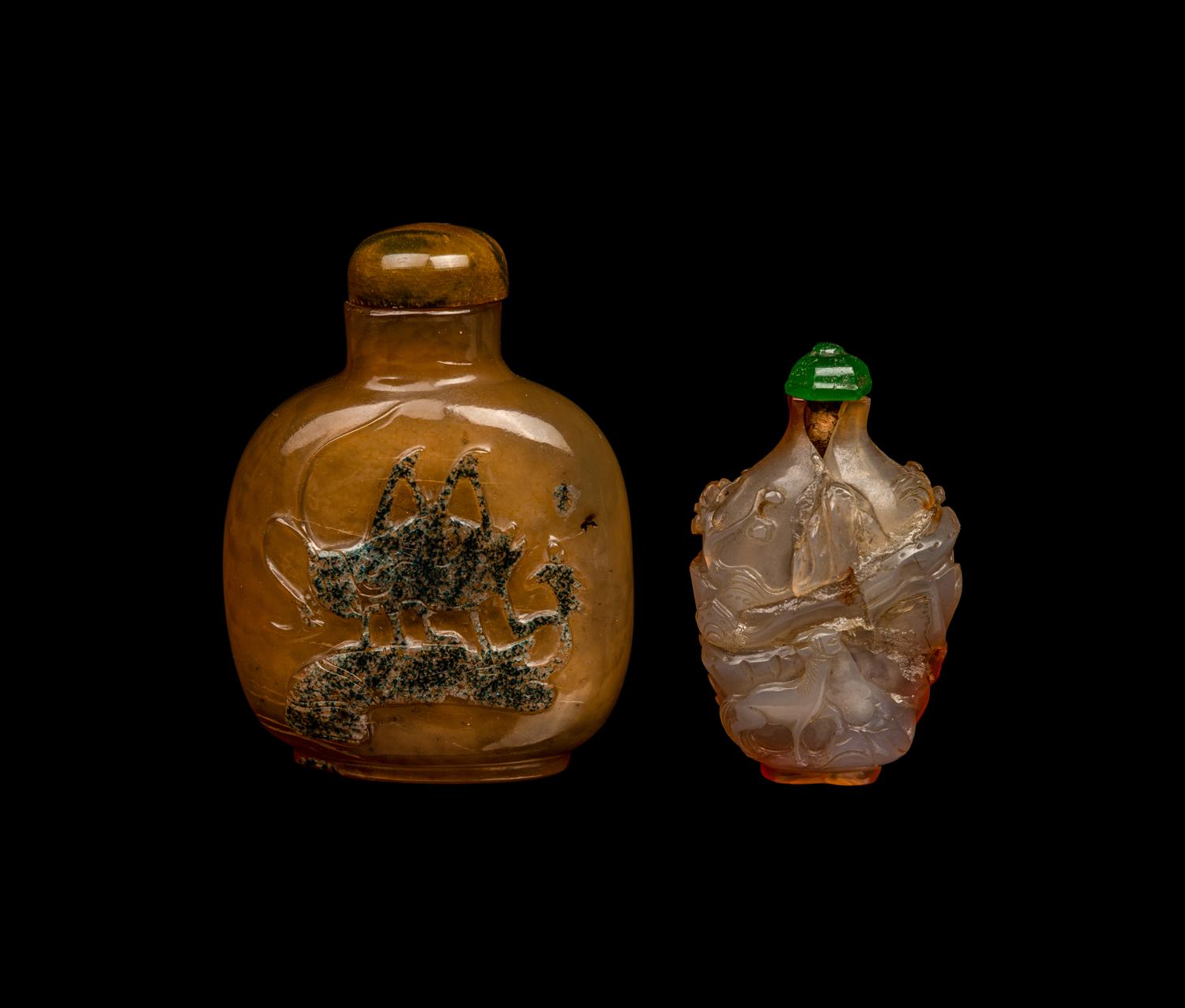 Two Chinese Carved Agate Snuff Bottles
