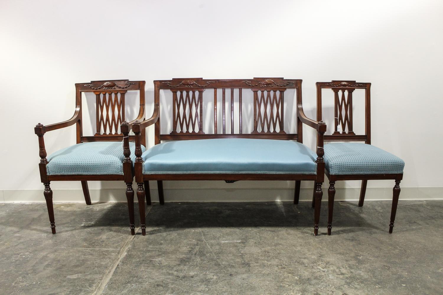A Federal Style Three Piece Parlor Suite Height of settee 35 x width 39 3/4 x depth 21 inches.