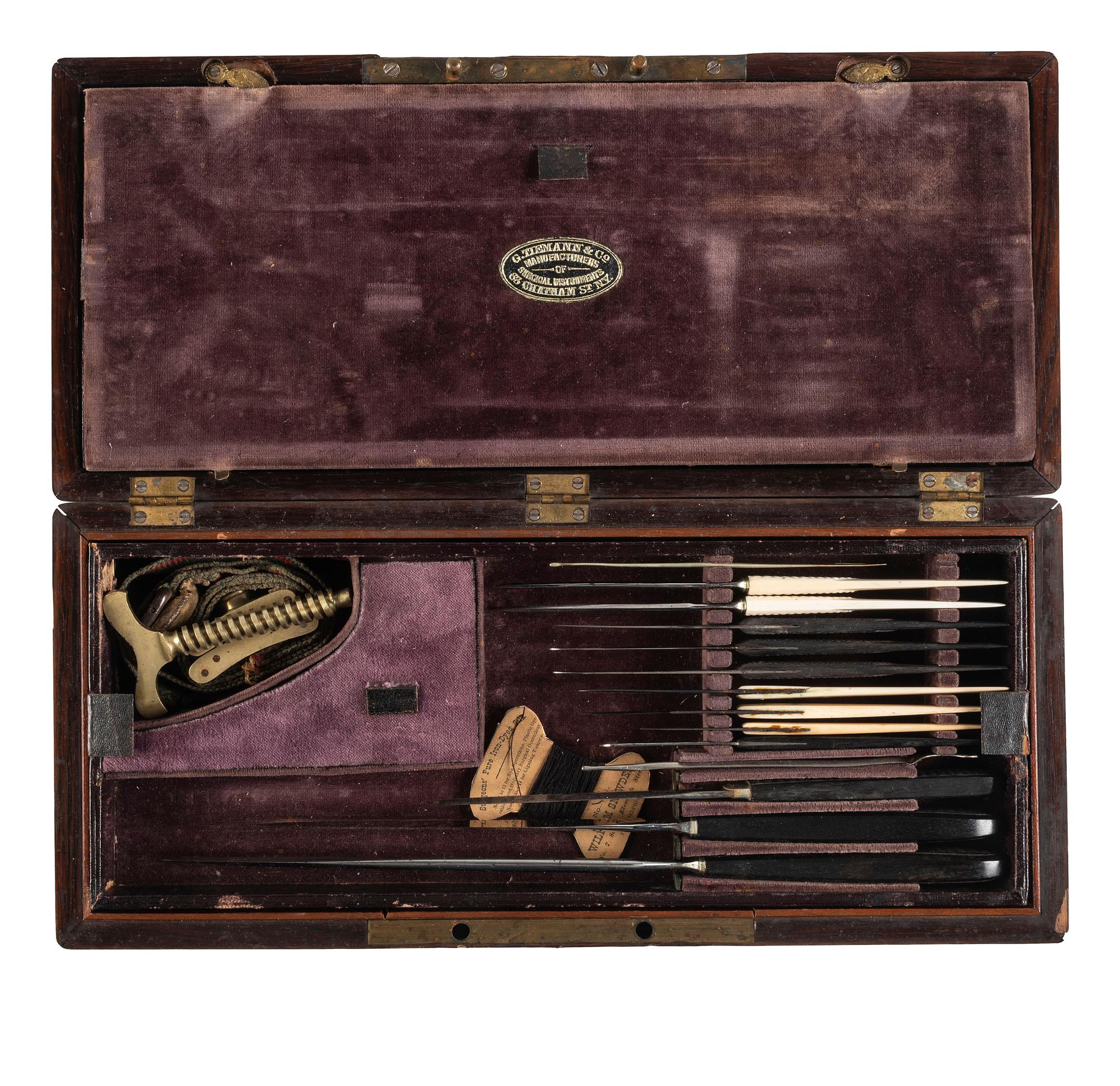 [CIVIL WAR]. Equipment and relic archive related to Civil War surgeon Dr. Joseph R. Martin and his service with the 124th Pennsylvania Infantry Regiment, highlighted by Tiemann & Co. surgical kit.