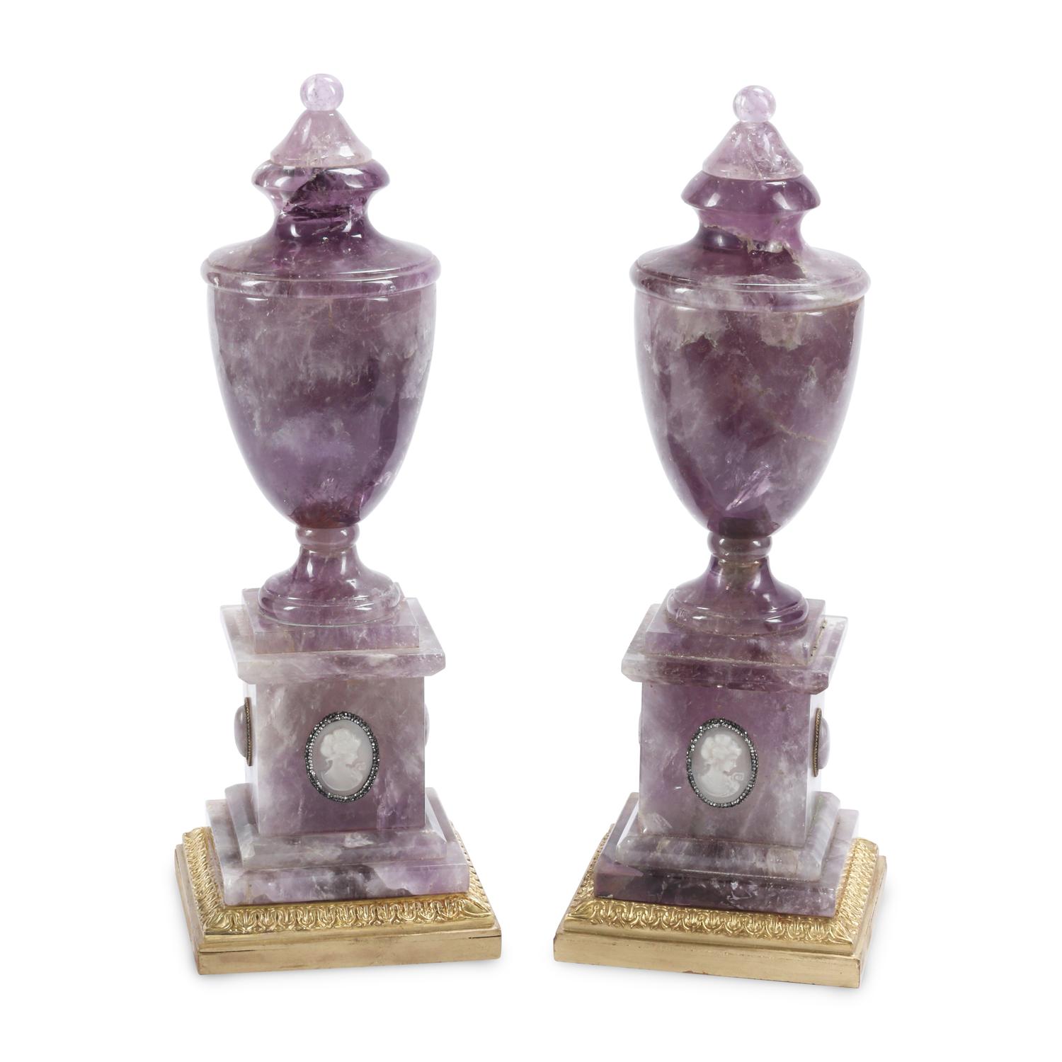 A Pair of Jeweled Amethyst Urns on Giltwood Bases