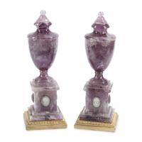 A Pair of Jeweled Amethyst Urns on Giltwood Bases