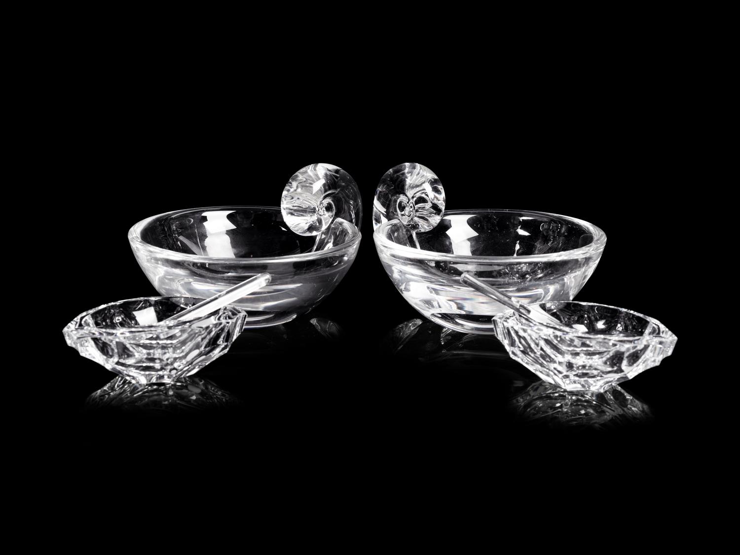 A Pair of Steuben Glass Bowls and a Pair of Steuben Glass Salt Cellars