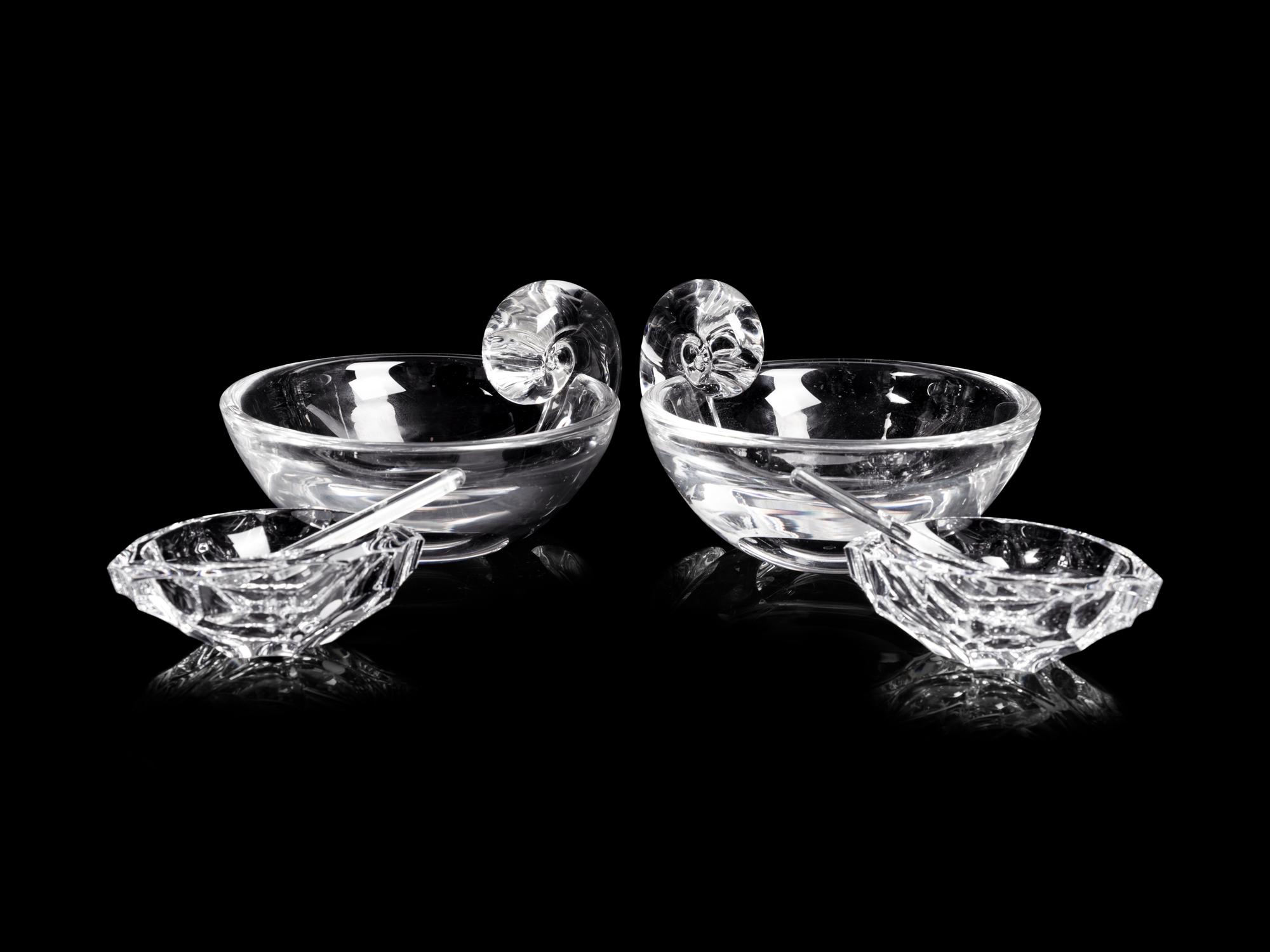 A Pair of Steuben Glass Bowls and a Pair of Steuben Glass Salt Cellars