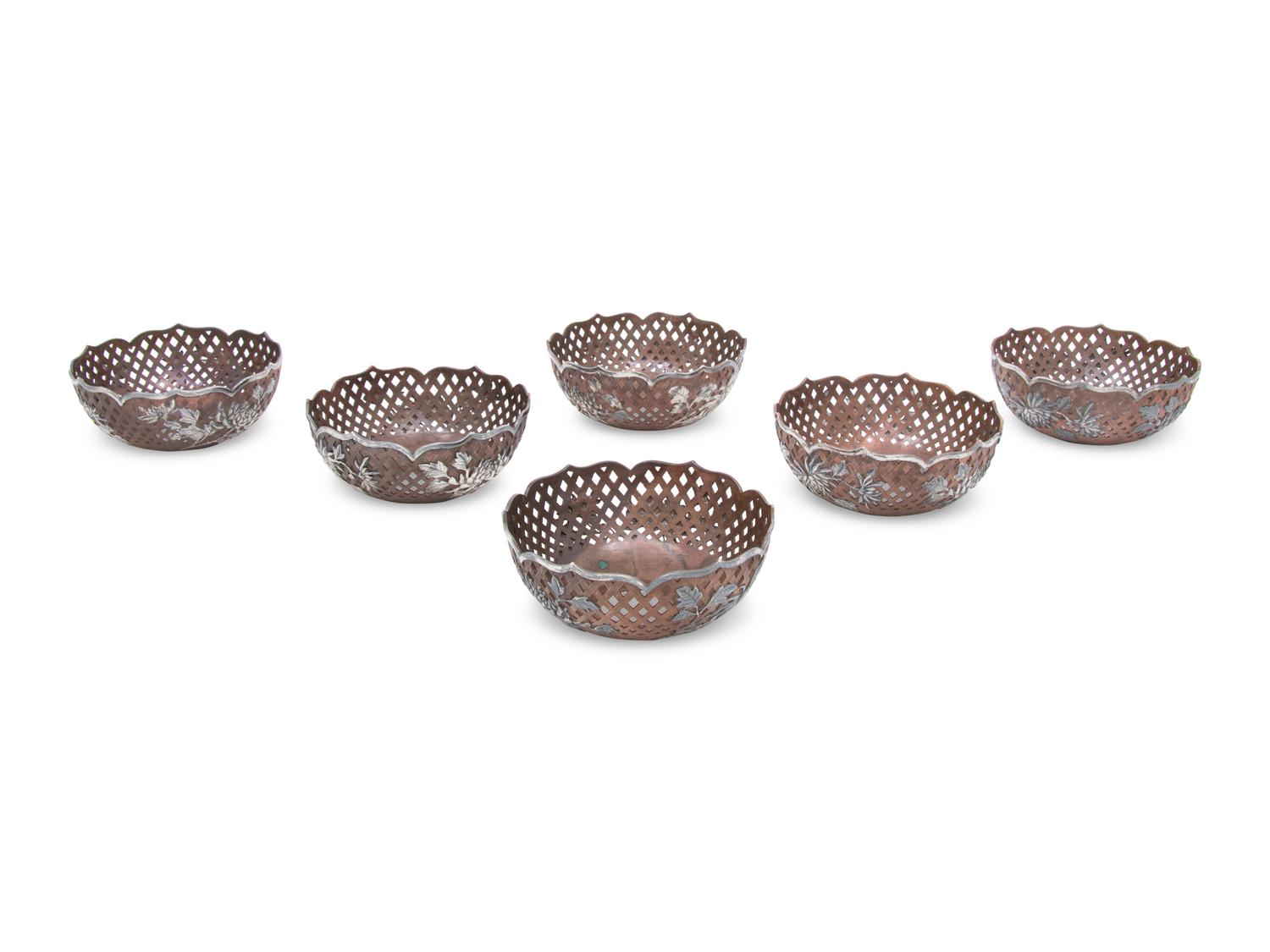 A Set of Six Chinese Export Copper and Silver Baskets