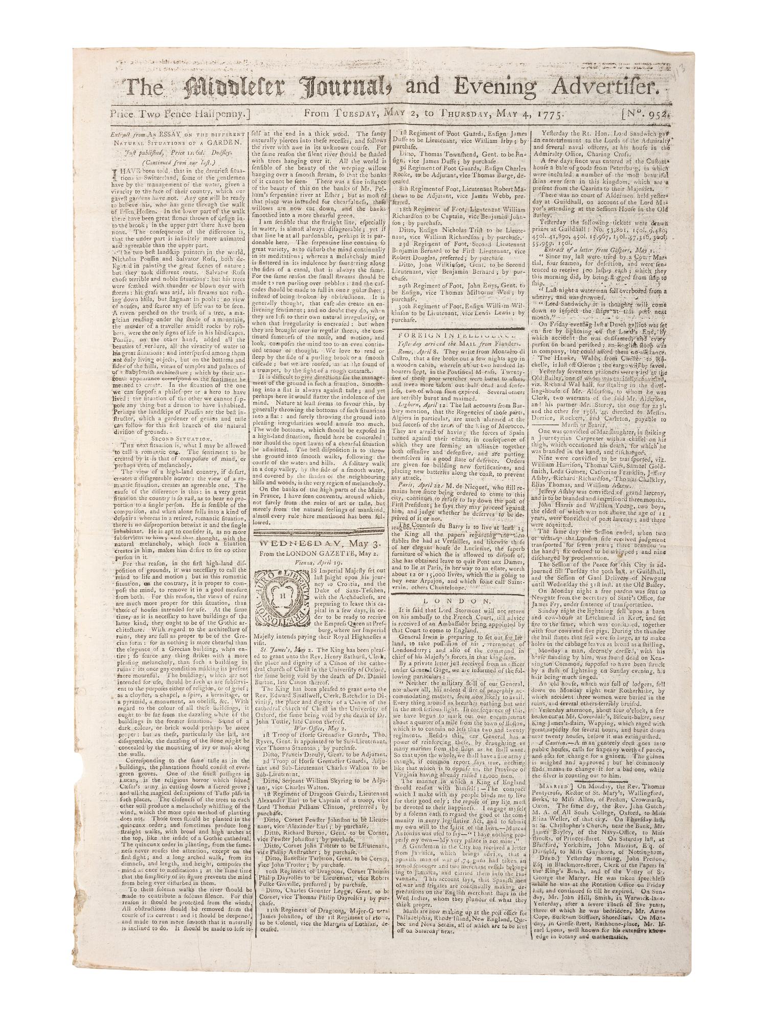 [REVOLUTIONARY WAR]. Middlesex Journal. No. 952. London, England: W. Griffin, 4 May 1775.