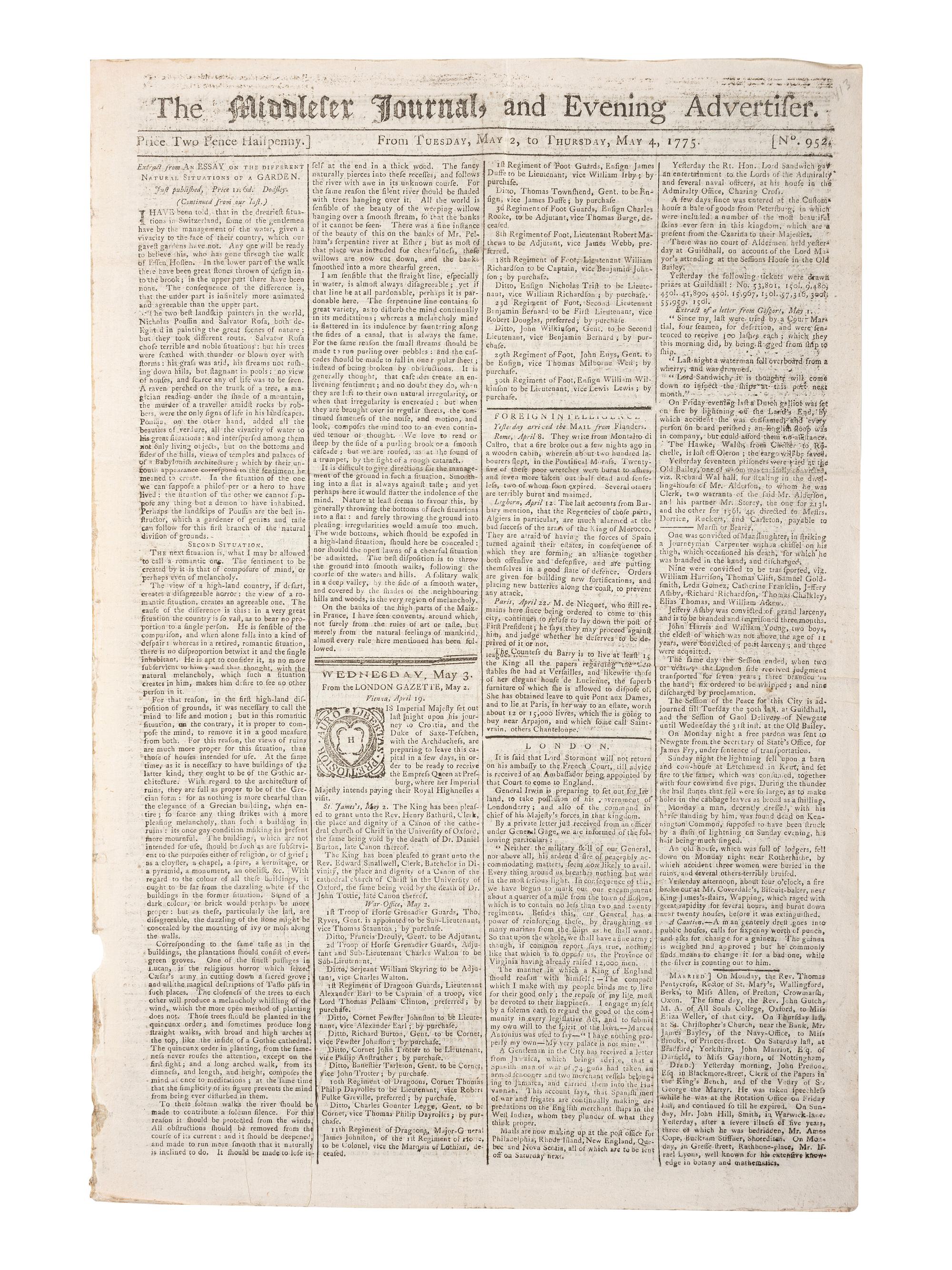 [REVOLUTIONARY WAR]. Middlesex Journal. No. 952. London, England: W. Griffin, 4 May 1775.
