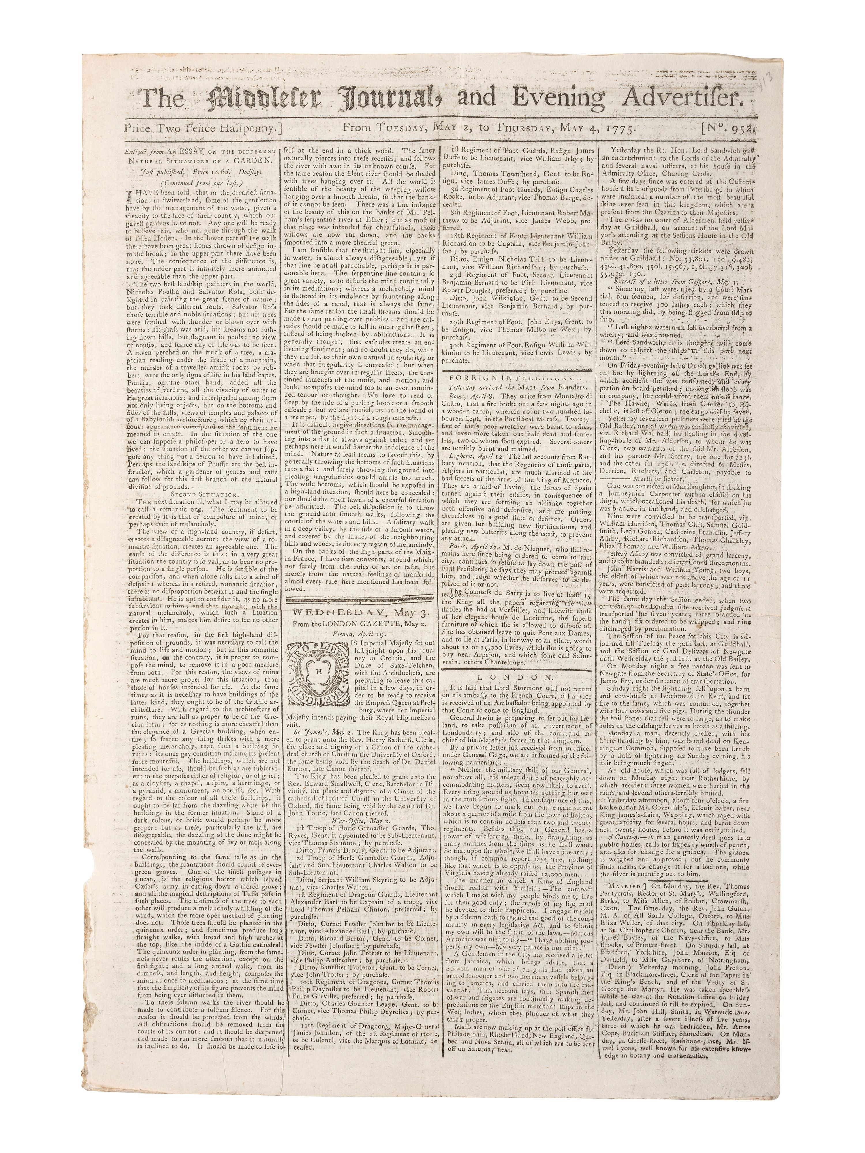 [REVOLUTIONARY WAR]. Middlesex Journal. No. 952. London, England: W. Griffin, 4 May 1775.