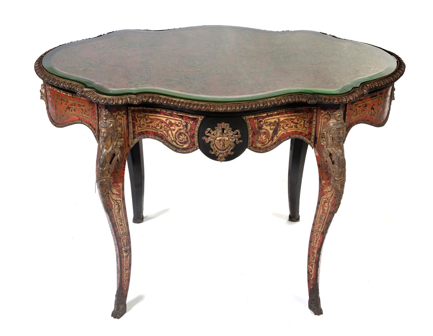 A Napoleon III Bronze Mounted Boulle Marquetry Center Table, Height 29 1/4 x width 43 1/2 x depth 29 inches.