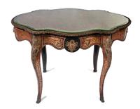 A Napoleon III Bronze Mounted Boulle Marquetry Center Table, Height 29 1/4 x width 43 1/2 x depth 29 inches.