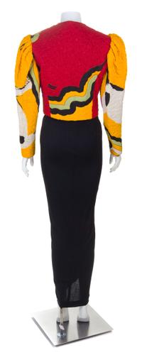 A Michaele Vollbracht Yellow Quilted Cat Jacket and Black Gown, Jacket size 10; Dress no size.