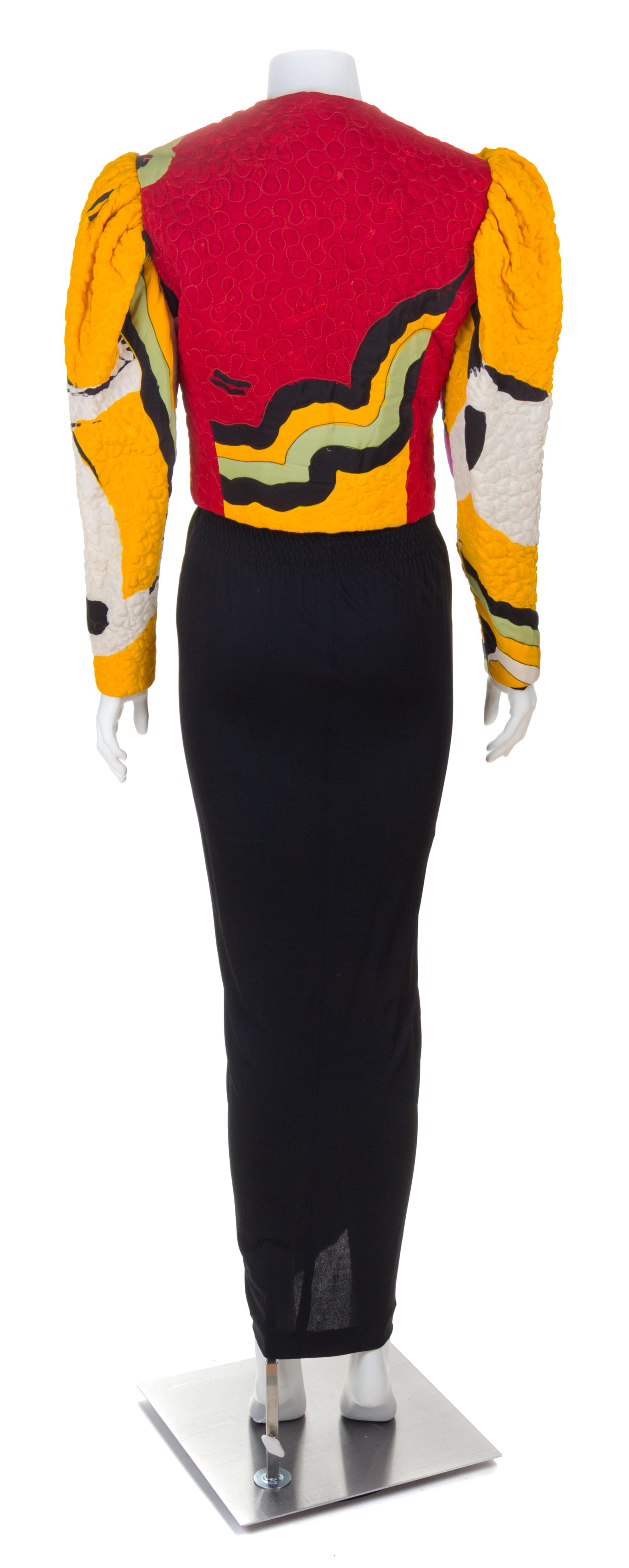 A Michaele Vollbracht Yellow Quilted Cat Jacket and Black Gown, Jacket size 10; Dress no size.