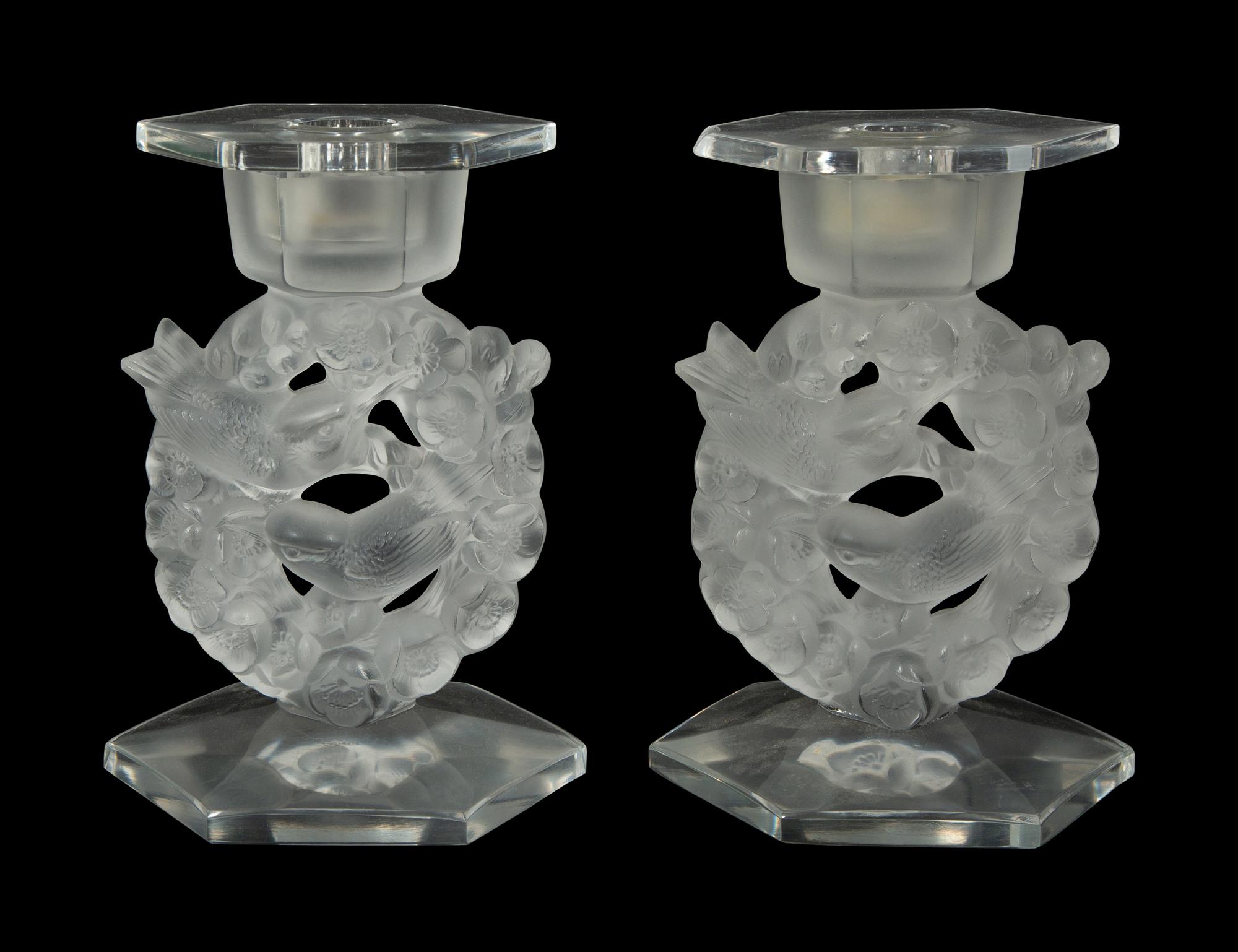A Pair of Lalique Mesanges Candlesticks