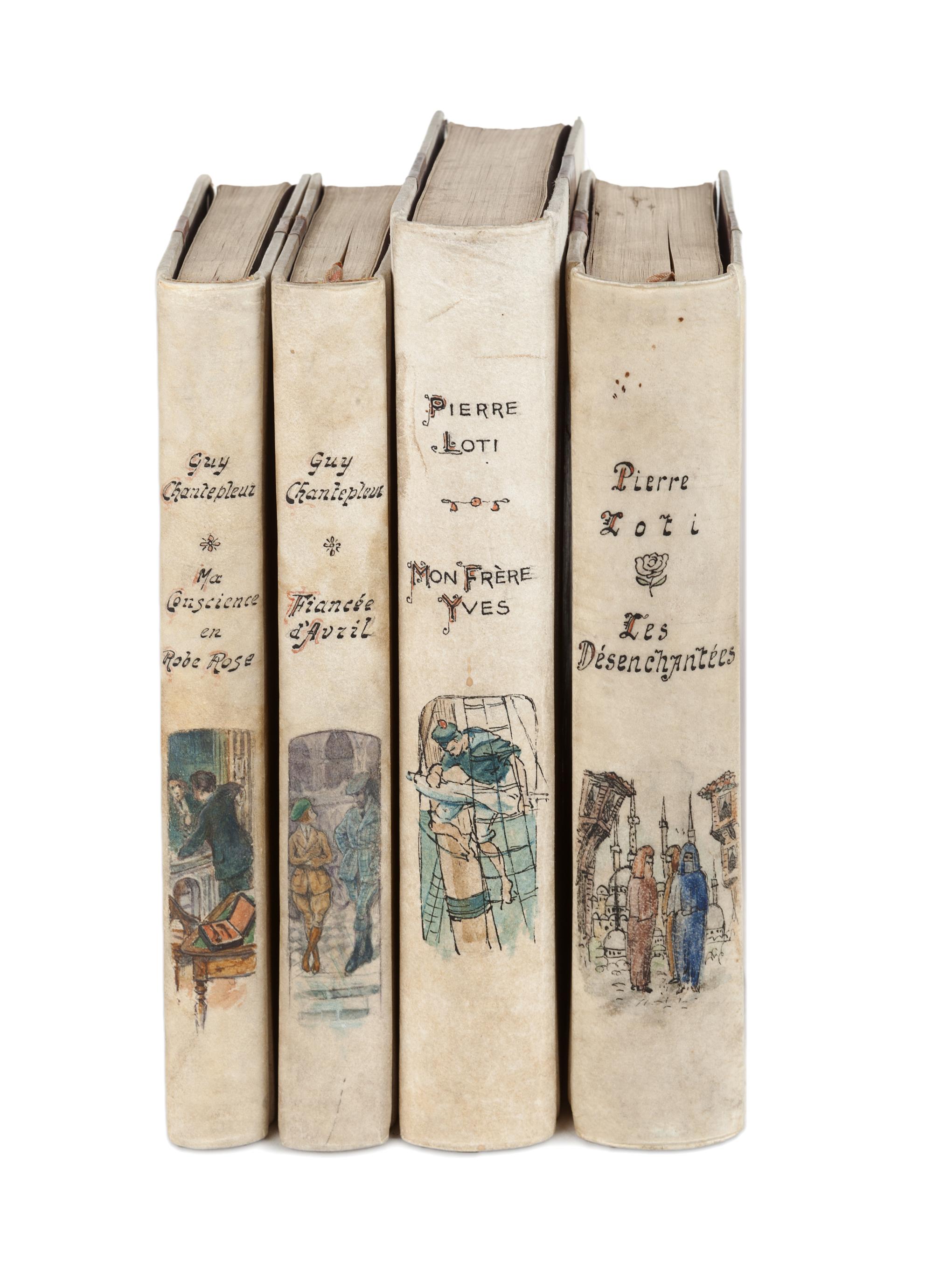 [VELLUM BINDINGS - GEORGES LEVITZKY]. A group of 4 works in decorated half vellum bindings, comprising: