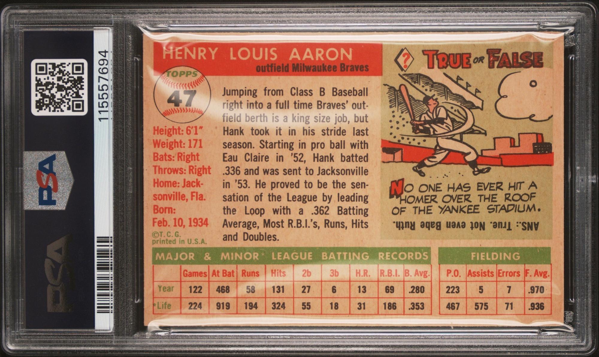 A 1955 Topps Hank Aaron Baseball Card No. 47 (PSA 4 VG-EX) from The Collection of David Eisenhower