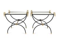 A Pair of Brass-Mounted Metal and Mirror-Top Side Tables