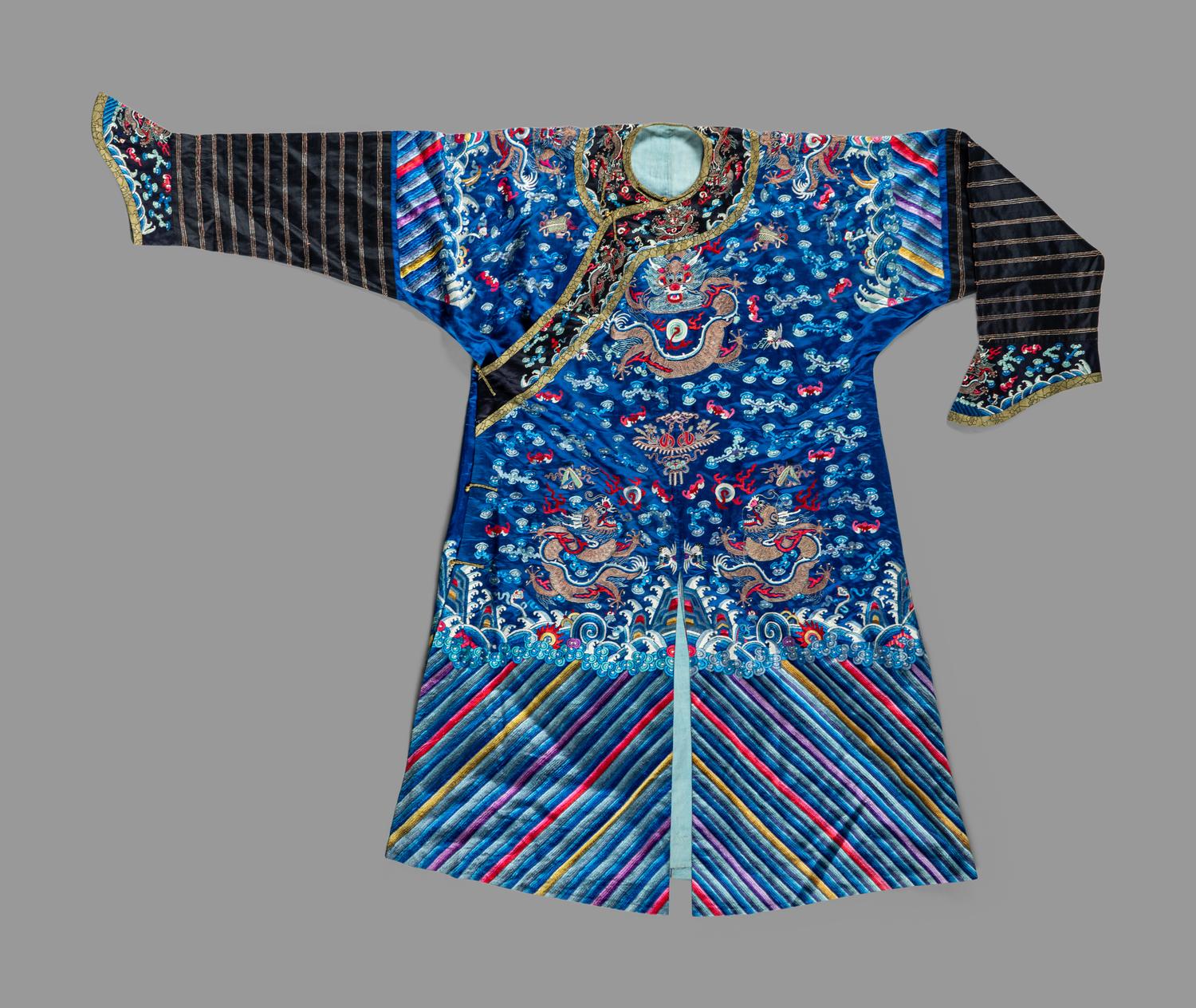 A Chinese Blue Ground Silk Embroidered 'Dragon' Robe