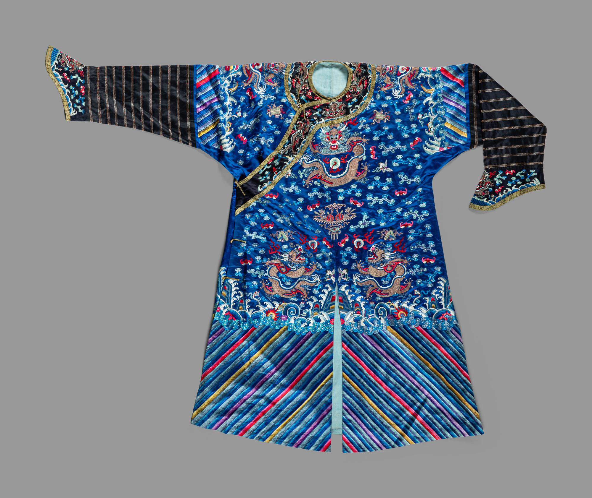 A Chinese Blue Ground Silk Embroidered 'Dragon' Robe