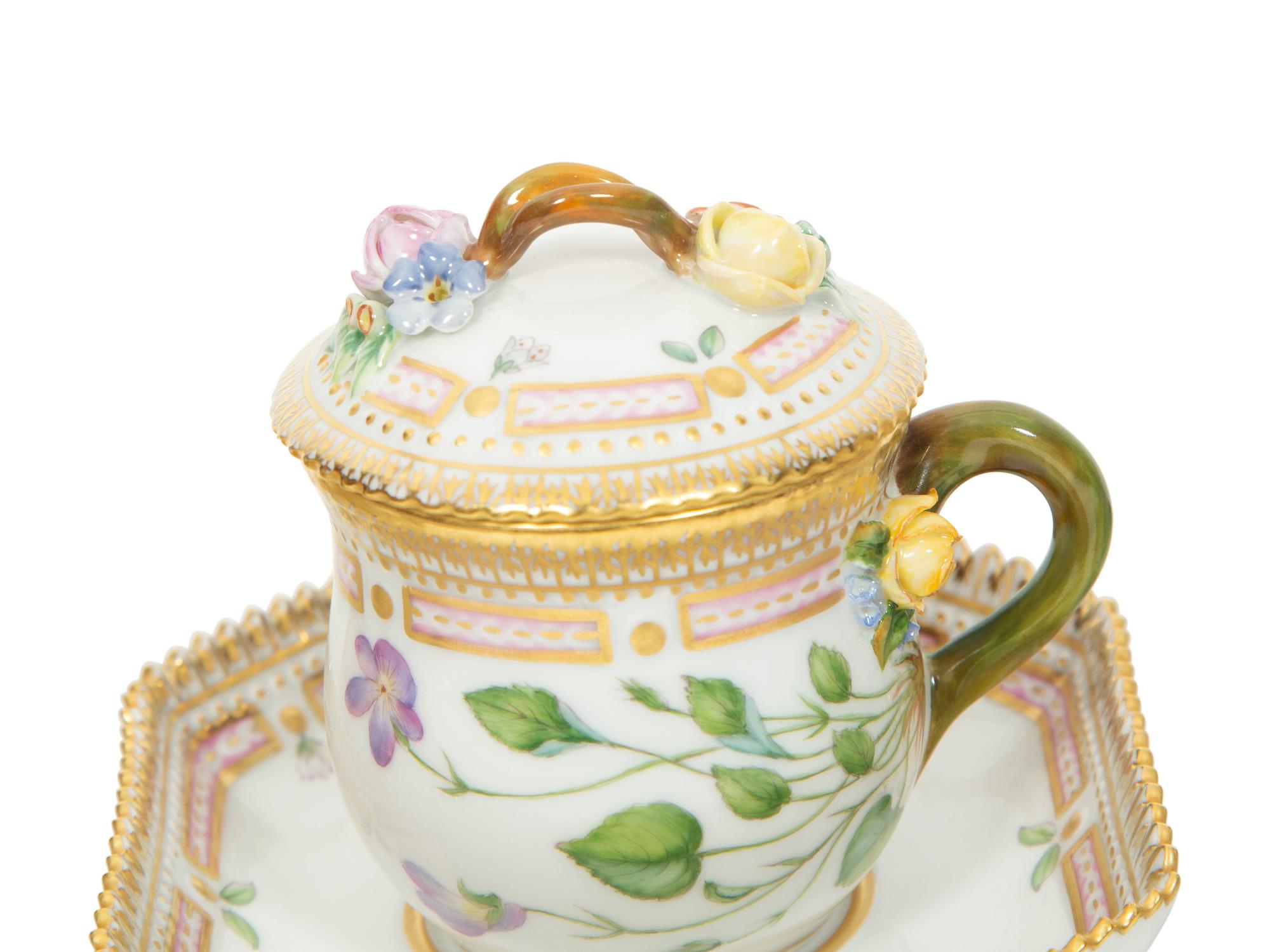 Seven Royal Copenhagen Flora Danica Porcelain Custard Cups and Saucers