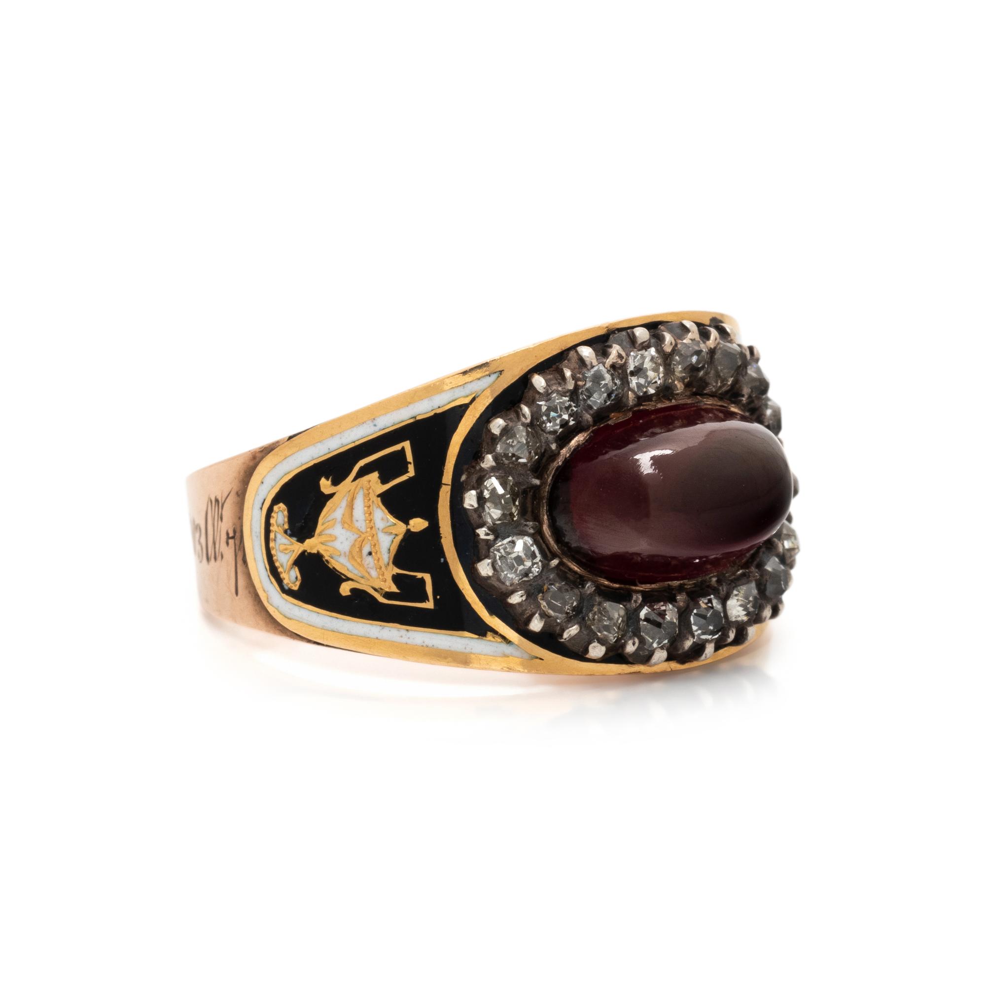 GEORGIAN, GARNET, ENAMEL, AND DIAMOND RING