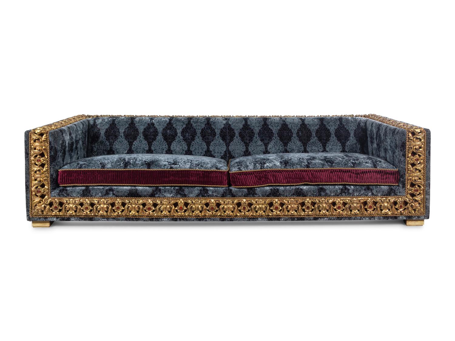 A Contemporary Jumbo Collection Giltwood and Velvet Upholstered Sofa