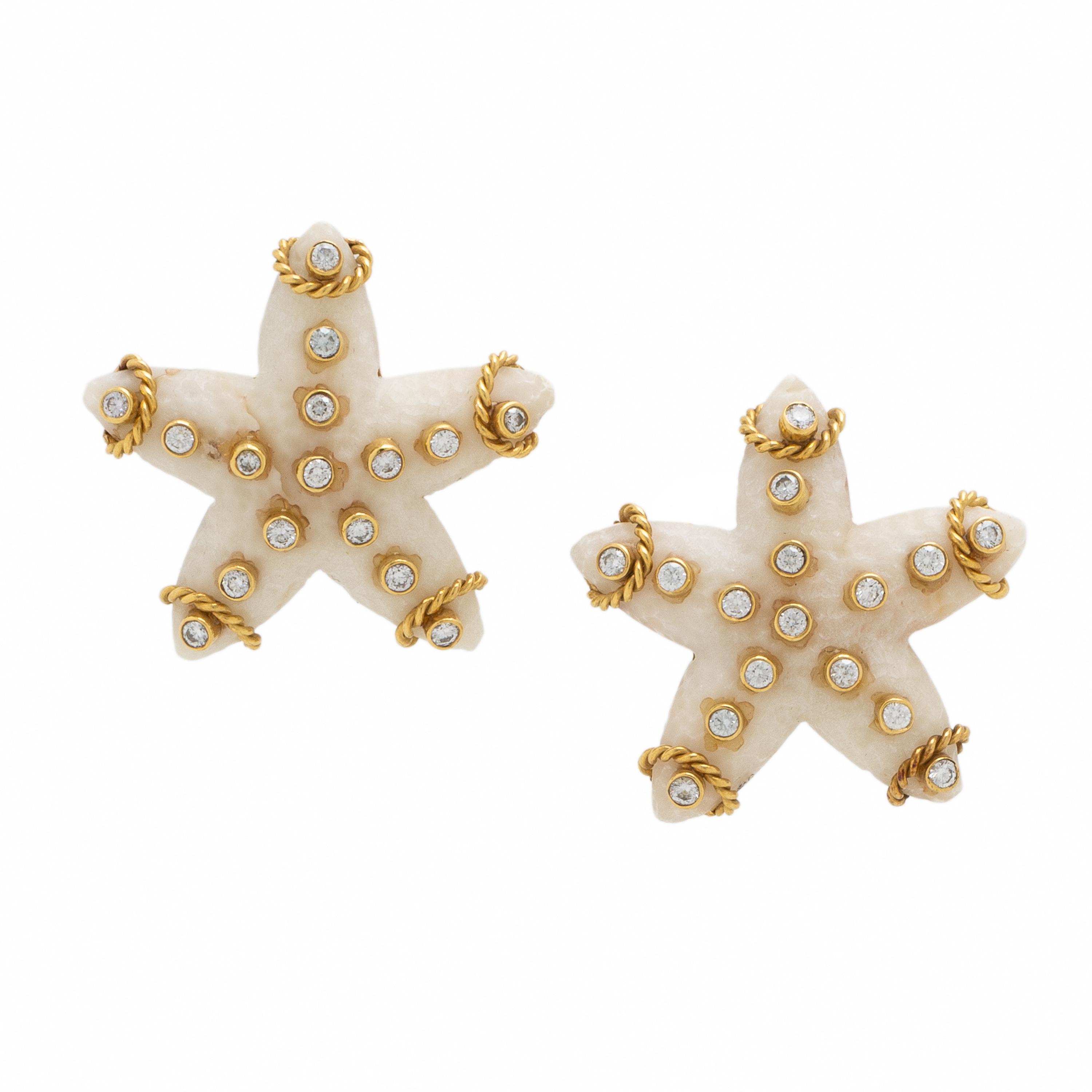 Mish, 'Cabana', Coral, Diamond, and Yellow Gold Starfish Earrings