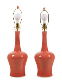 A Pair of Contemporary Peach-Glazed Porcelain Lamps with Shades